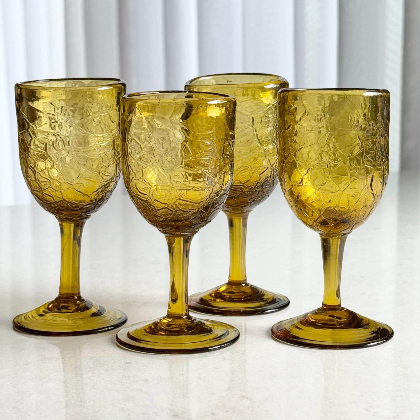 Vintage Amber Hand Blown Crackle Glass Liquor / Tasting Glasses - Set of 4