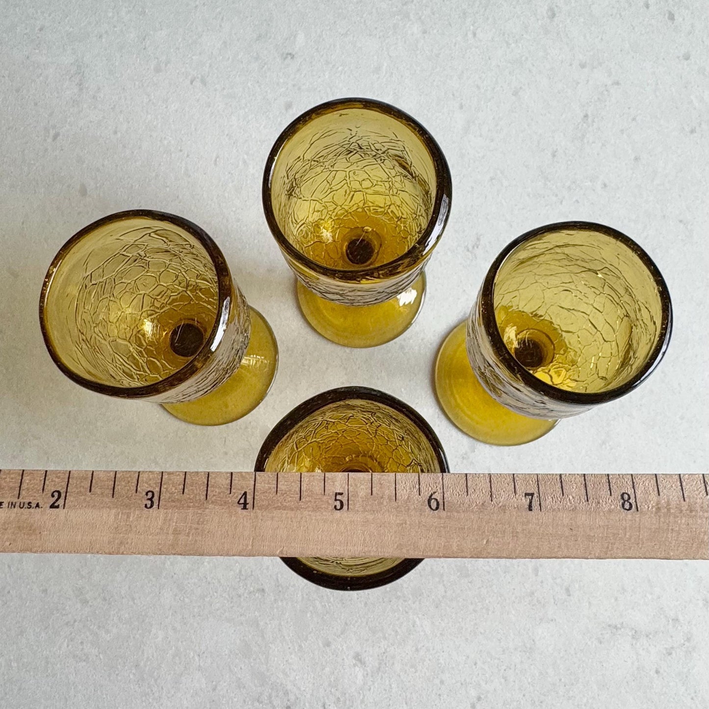 Vintage Amber Hand Blown Crackle Glass Liquor / Tasting Glasses - Set of 4