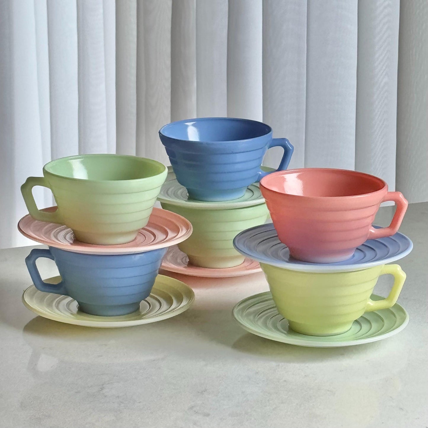 Vintage Hazel Atlas Moderntone Platonite Pastel Dishes - Service for 6 (24 pieces total)