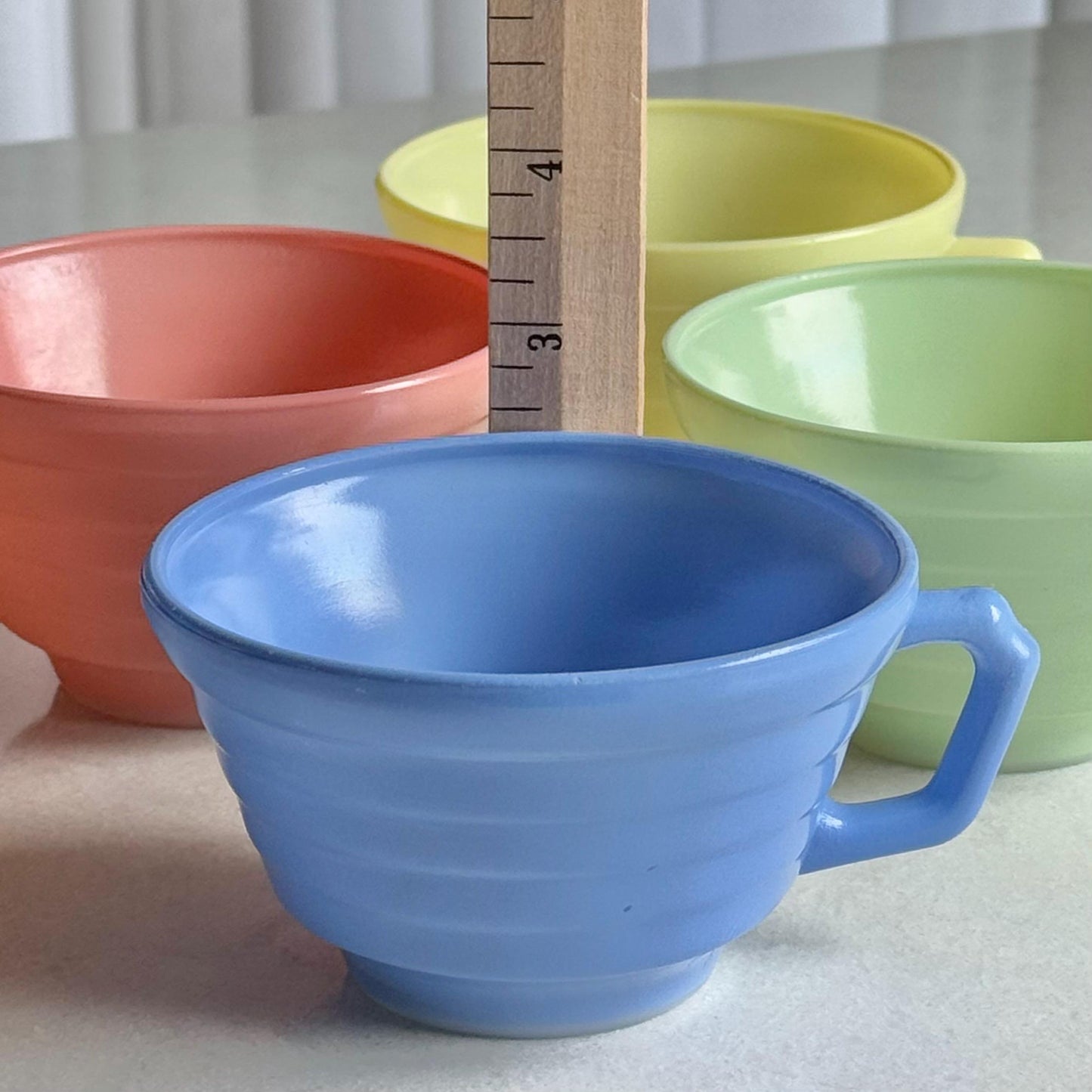 Vintage Hazel Atlas Moderntone Platonite Pastel Cups and Saucers - 4 sets, 8 pieces total