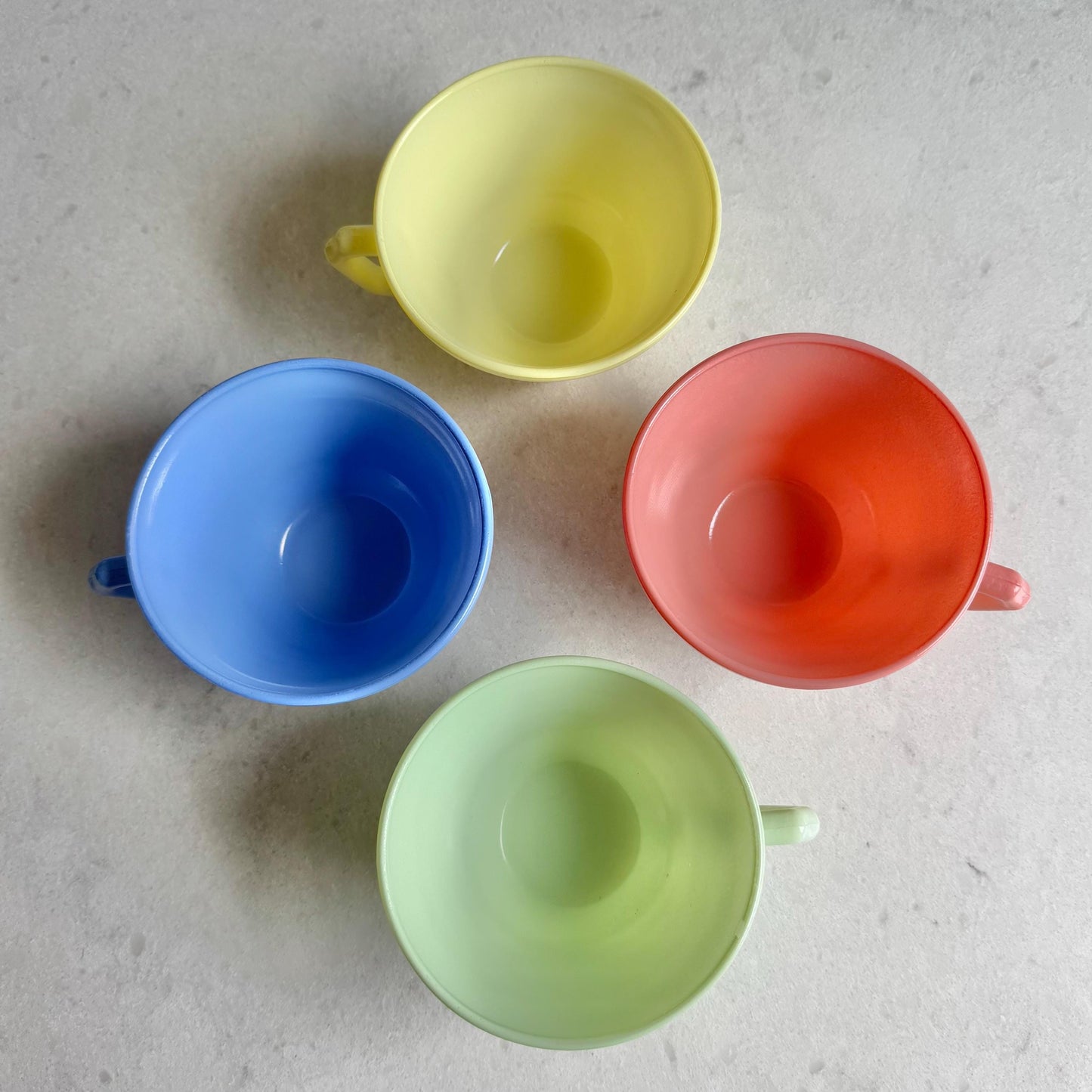 Vintage Hazel Atlas Moderntone Platonite Pastel Cups and Saucers - 4 sets, 8 pieces total