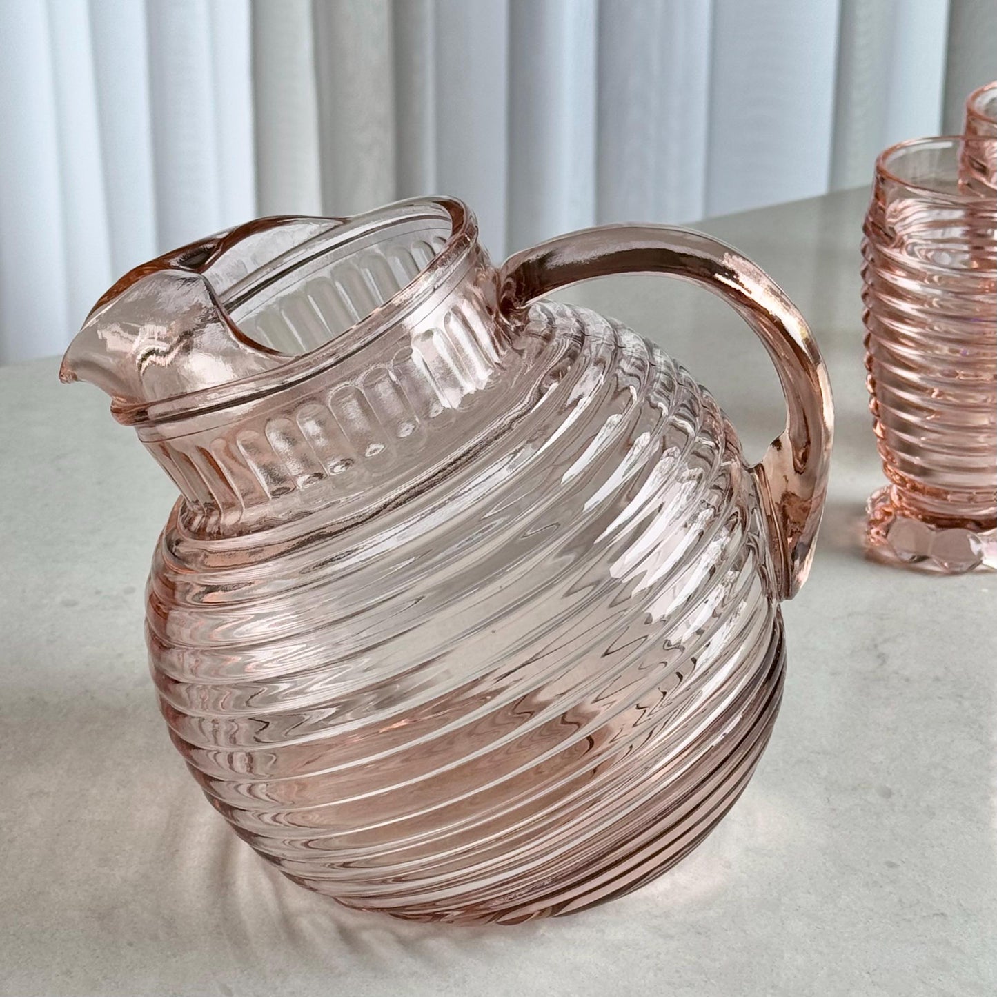 Vintage Anchor Hocking Manhattan Pink Pitcher and 6 Glasses (circa 1938 - 1943)