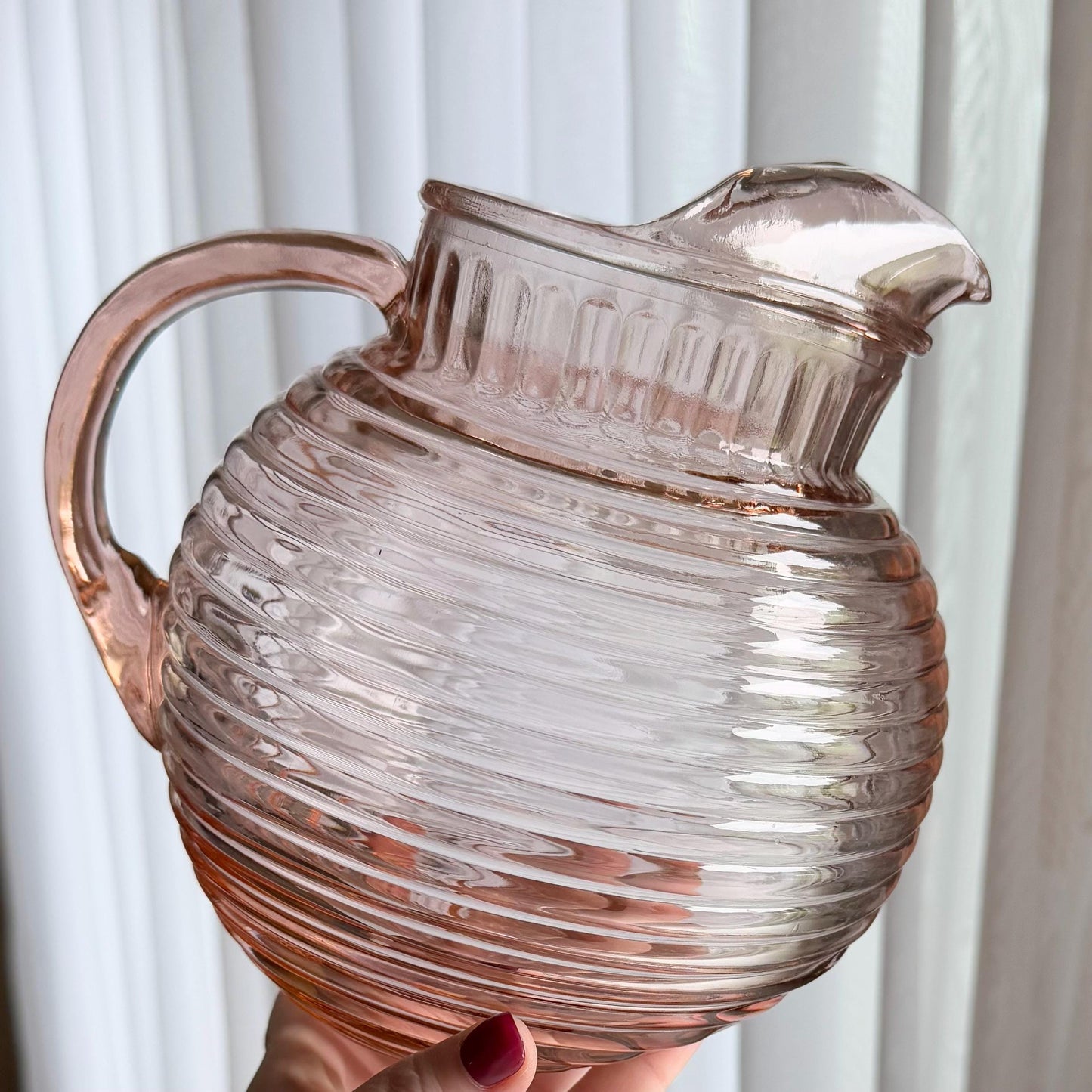 Vintage Anchor Hocking Manhattan Pink Pitcher and 6 Glasses (circa 1938 - 1943)
