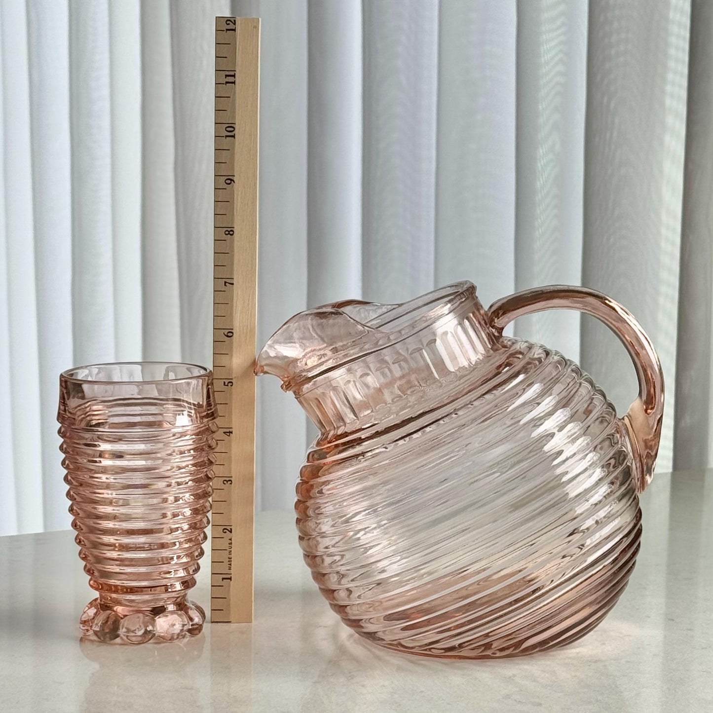 Vintage Anchor Hocking Manhattan Pink Pitcher and 6 Glasses (circa 1938 - 1943)
