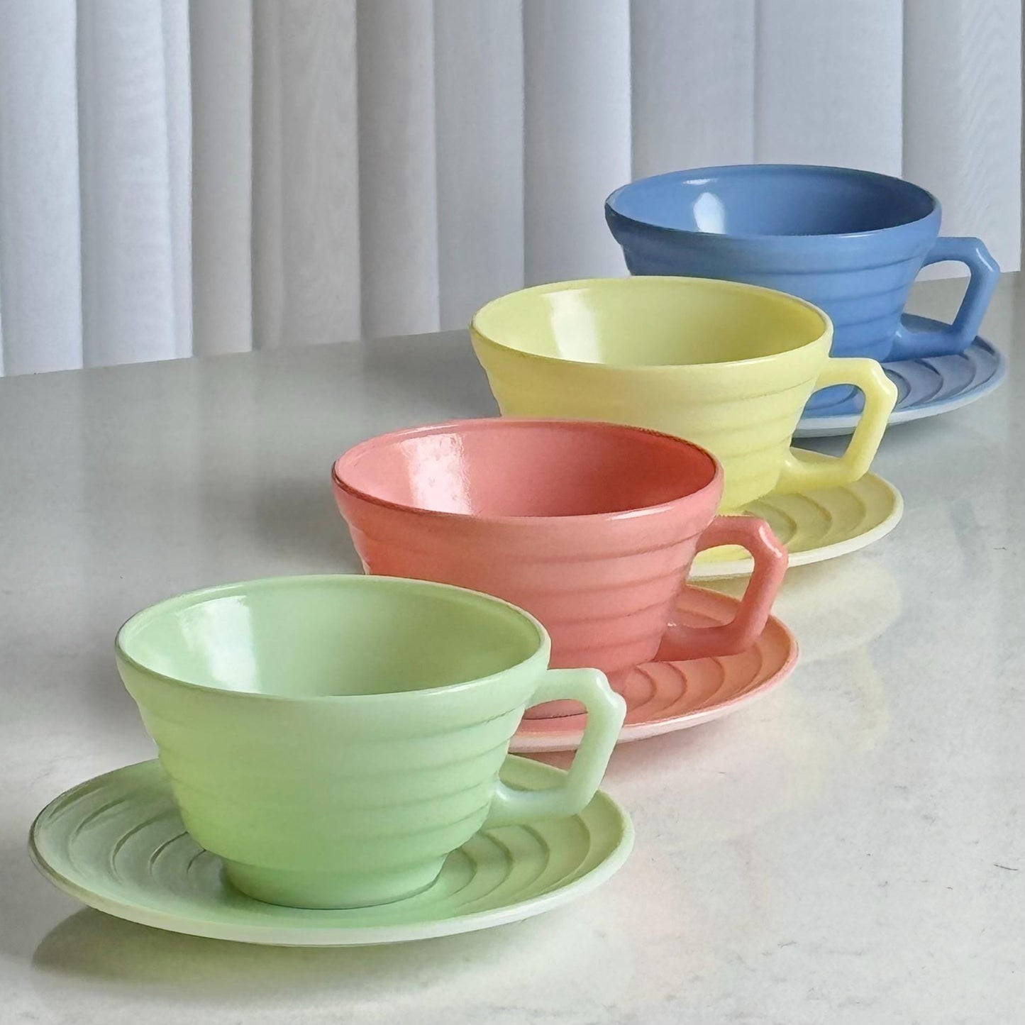 Vintage Hazel Atlas Moderntone Platonite Pastel Cups and Saucers - 4 sets, 8 pieces total