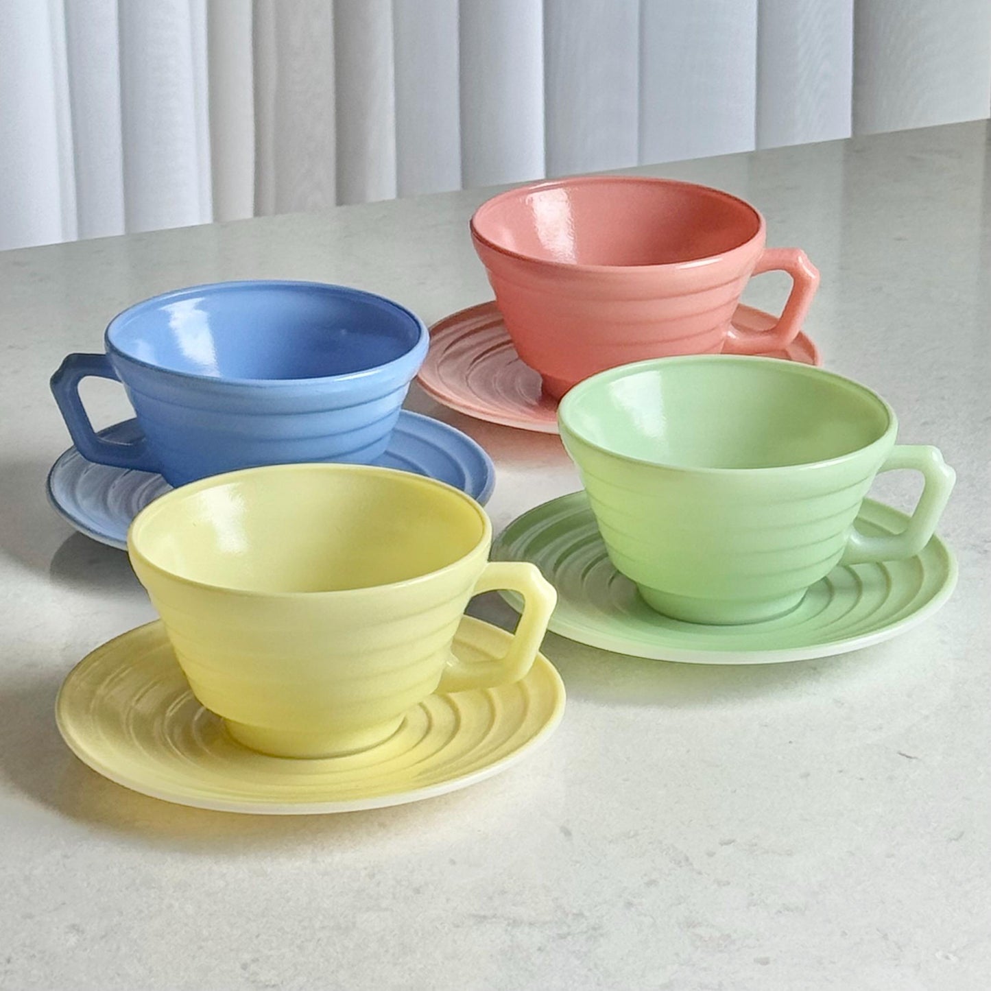 Vintage Hazel Atlas Moderntone Platonite Pastel Cups and Saucers - 4 sets, 8 pieces total