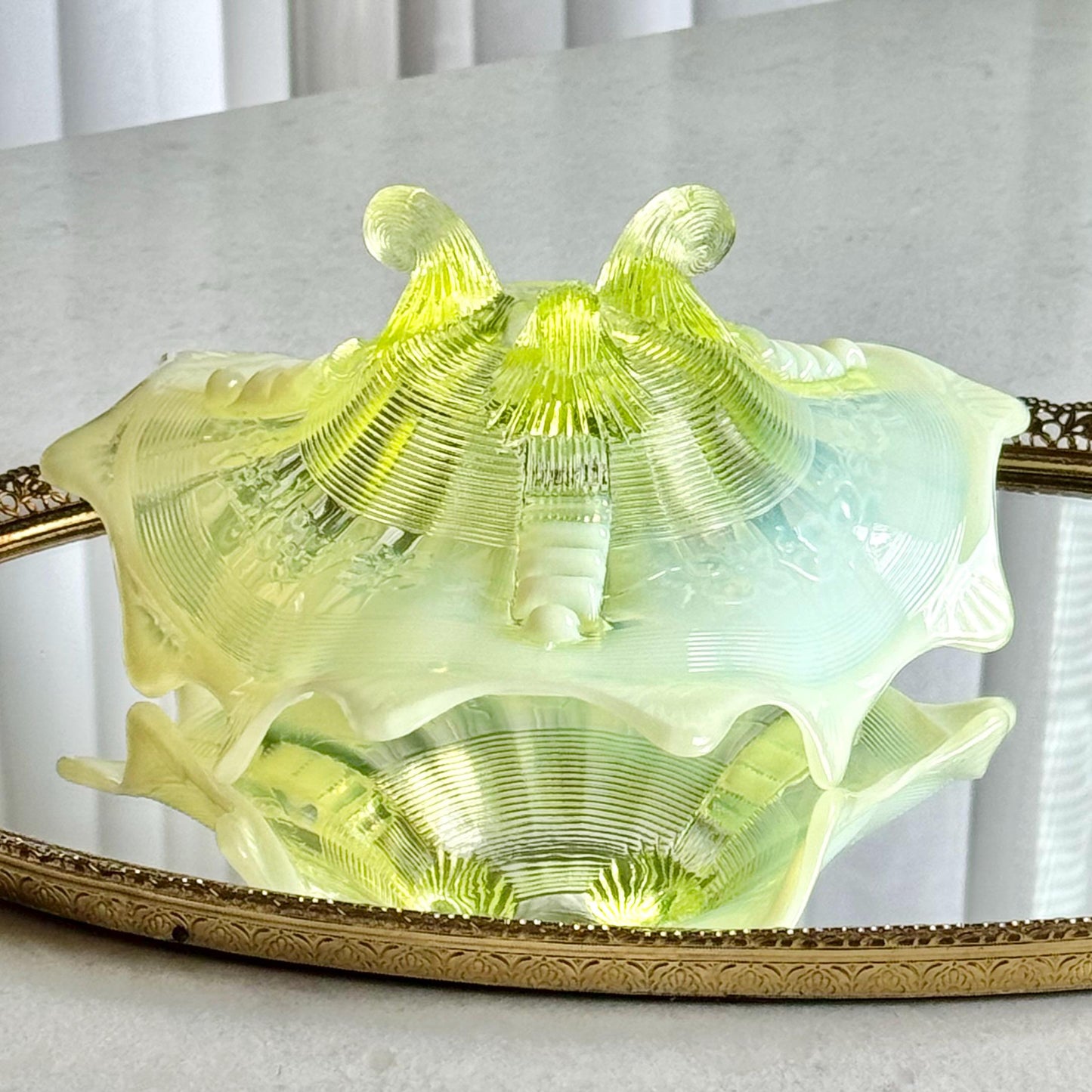 Vintage Northwood Vaseline Glass Klondyke Fluted Scroll Opalescent Bowl (circa late 1890s / early 1900s)