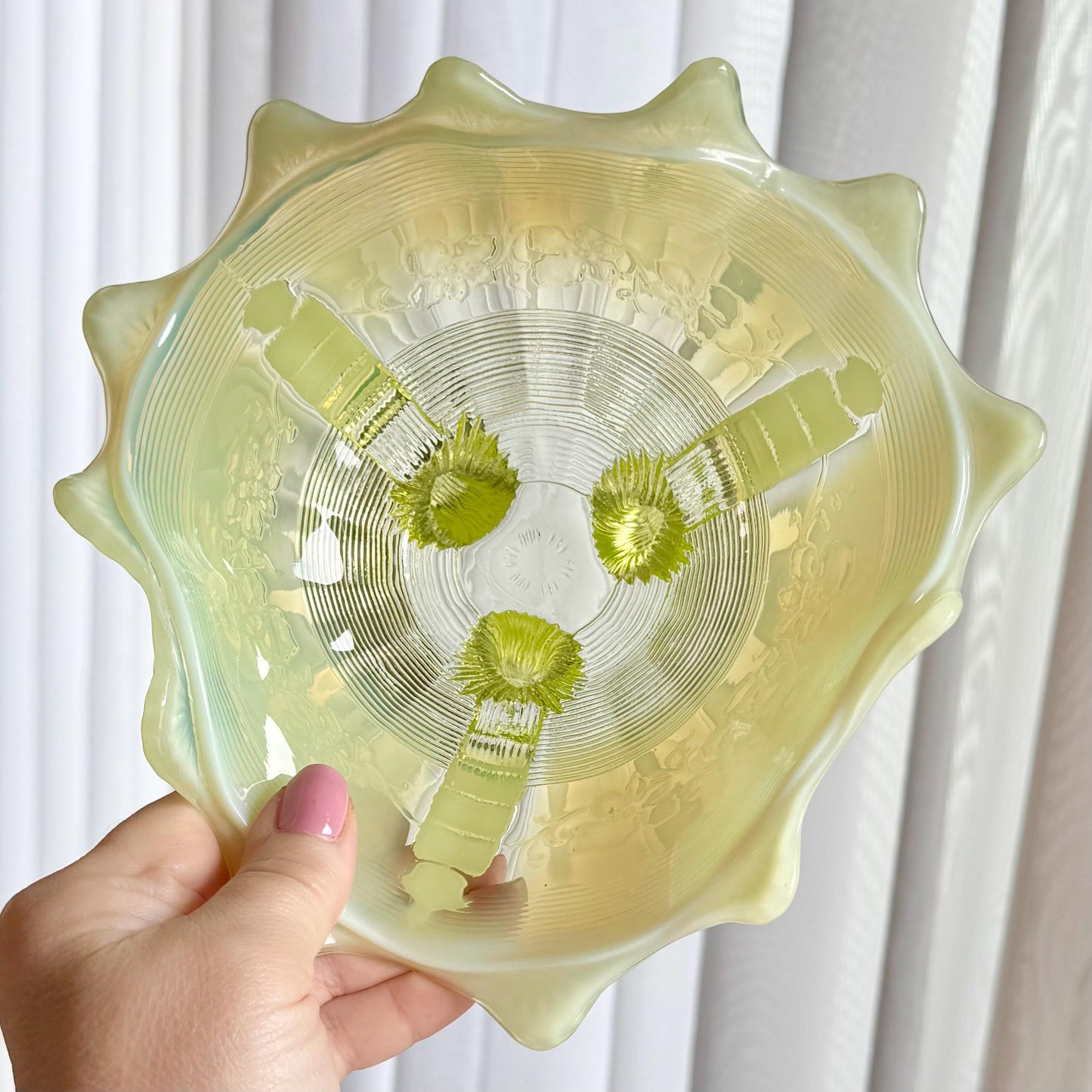 Vintage Northwood Vaseline Glass Klondyke Fluted Scroll Opalescent Bowl (circa late 1890s / early 1900s)