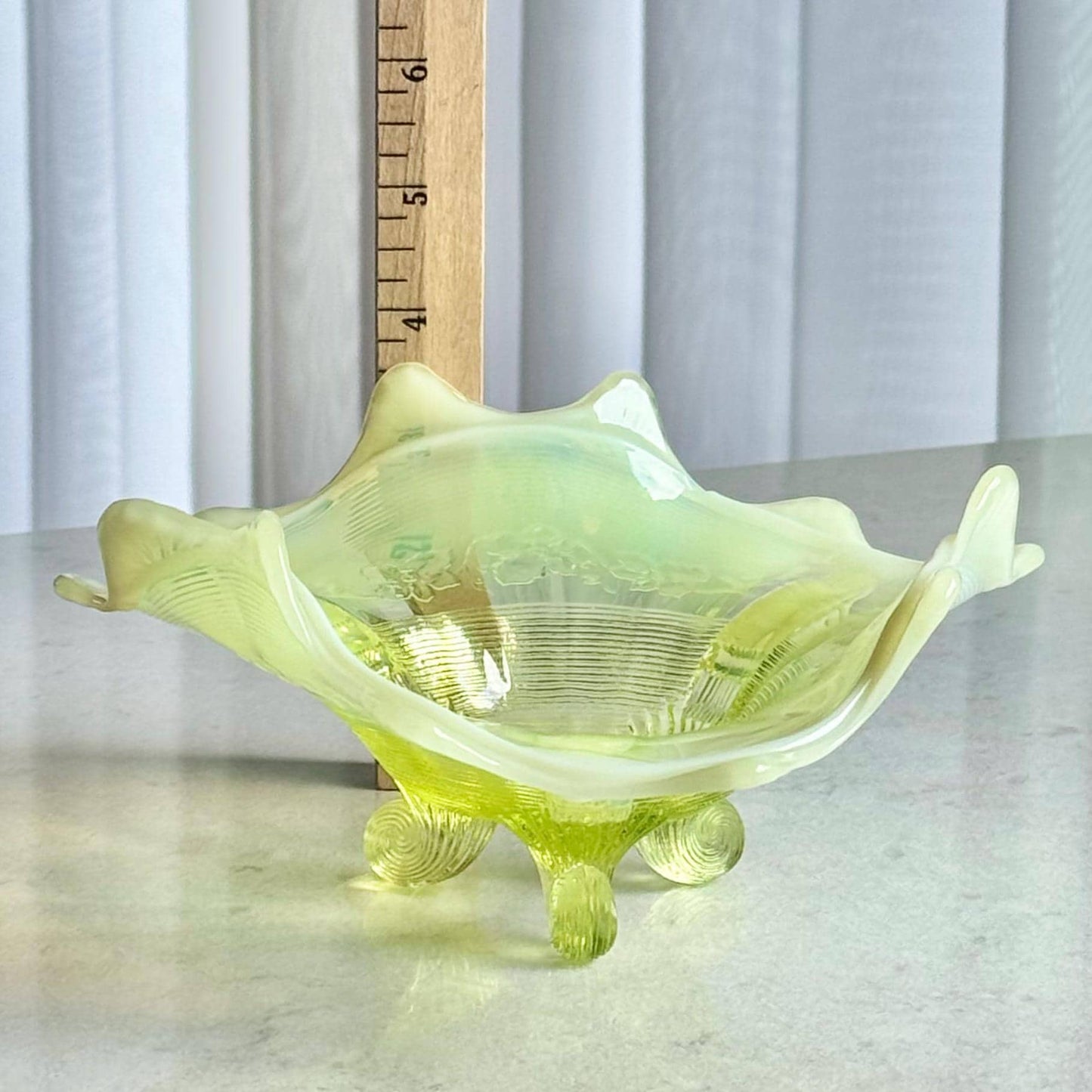 Vintage Northwood Vaseline Glass Klondyke Fluted Scroll Opalescent Bowl (circa late 1890s / early 1900s)