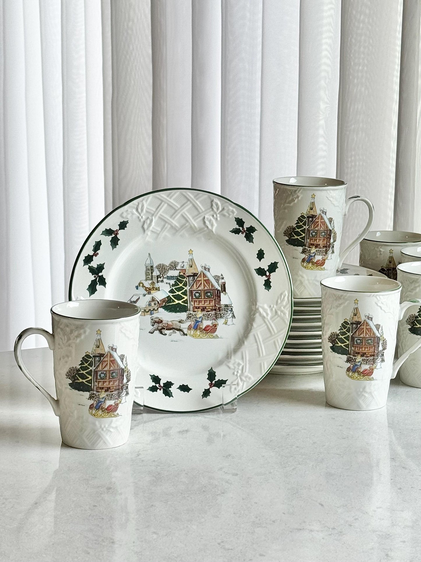 Vintage Mikasa Sleigh Ride Plates and Cups - 10 sets, 20 pieces total
