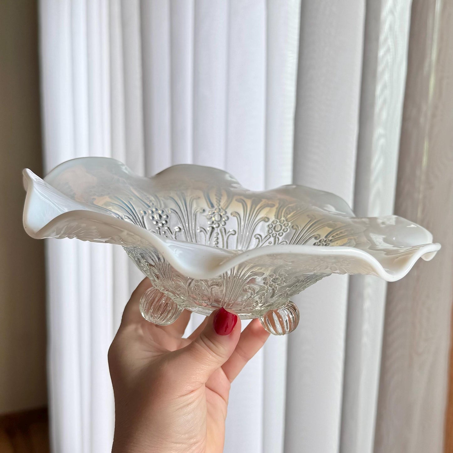 Vintage Northwood Glass Opalescent Pearl Flowers Bowl (circa early 1900s)