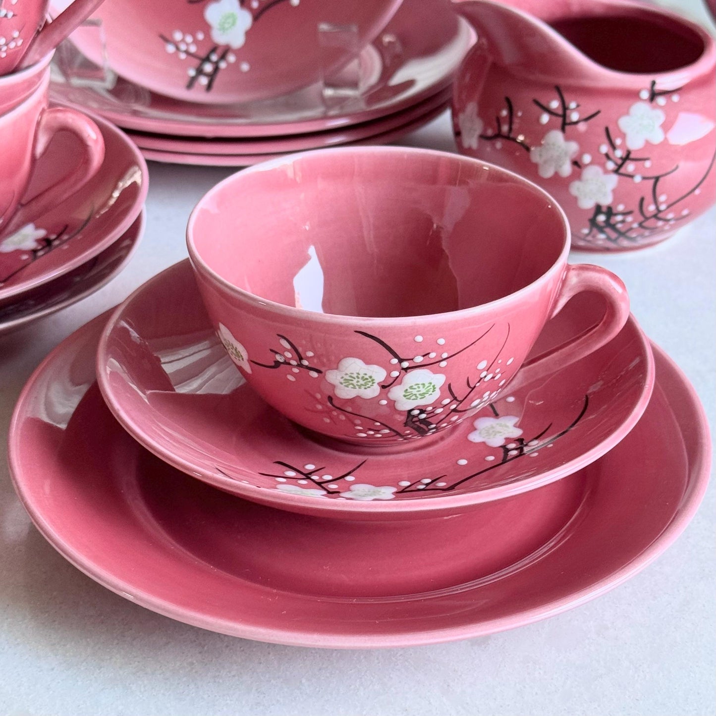 Antique Japanese Hand Painted Plum Blossom Tea Set (circa late 1800s / early 1900s) - Service for Four