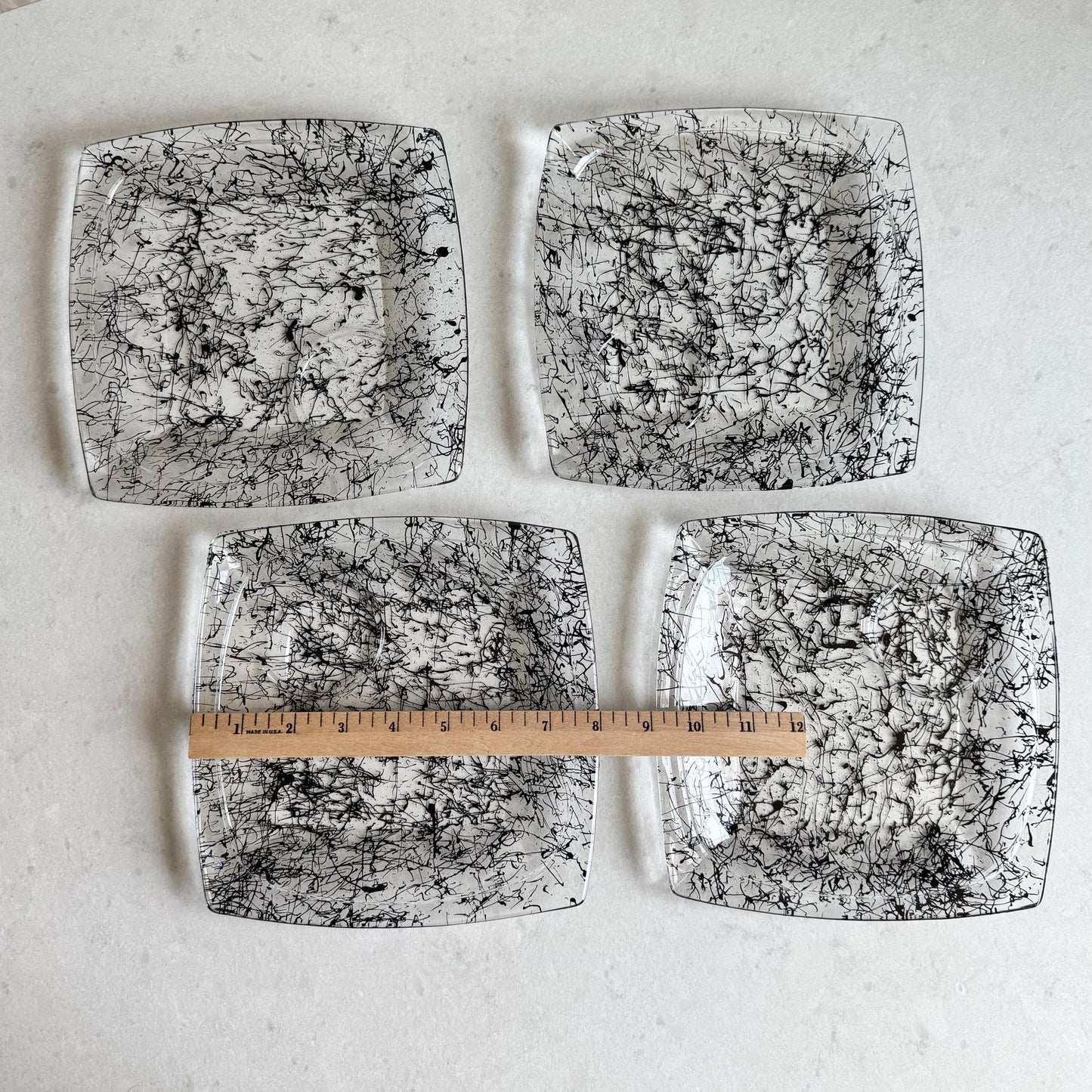Vintage Hazel Atlas Vanity Black Drizzle Snack Sets - Service for 4 (8 pieces total)