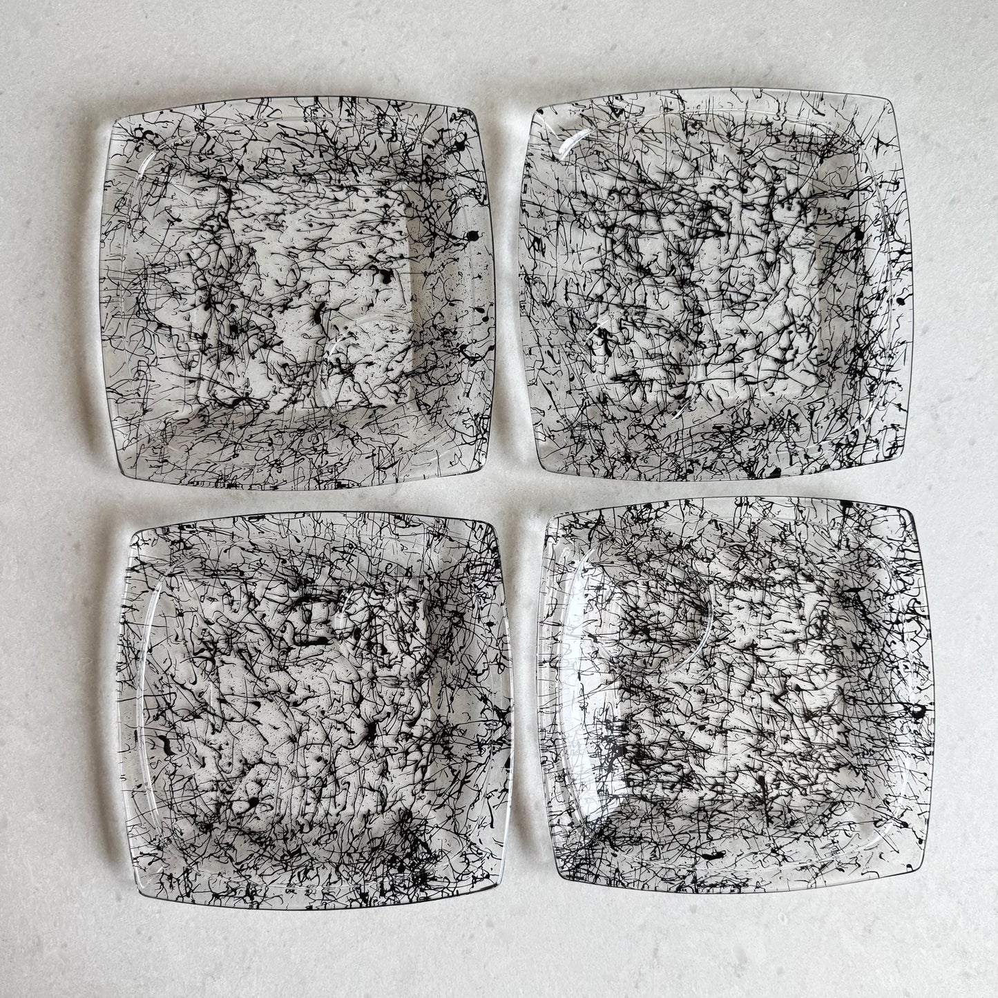 Vintage Hazel Atlas Vanity Black Drizzle Snack Sets - Service for 4 (8 pieces total)
