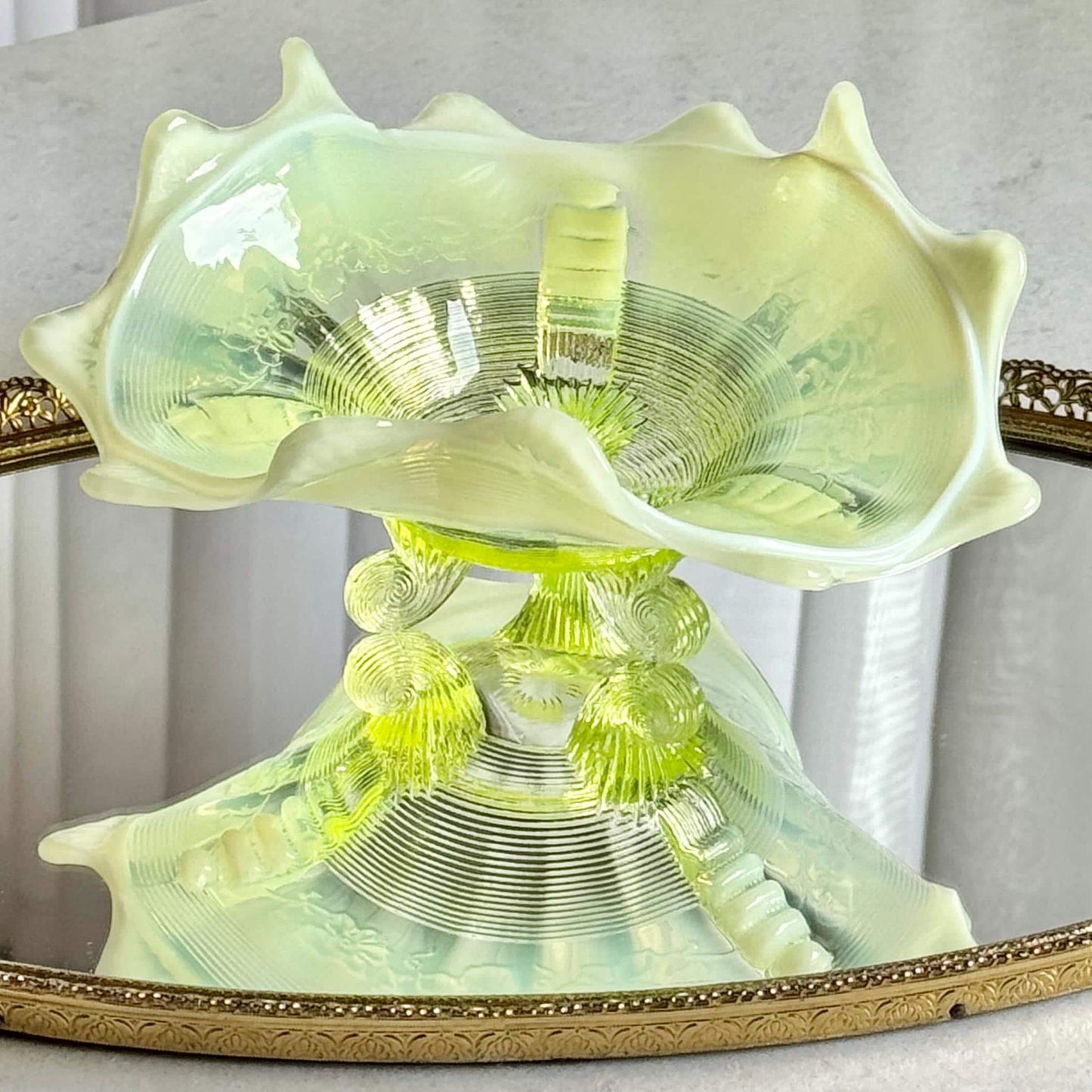 Vintage Northwood Vaseline Glass Klondyke Fluted Scroll Opalescent Bowl (circa late 1890s / early 1900s)