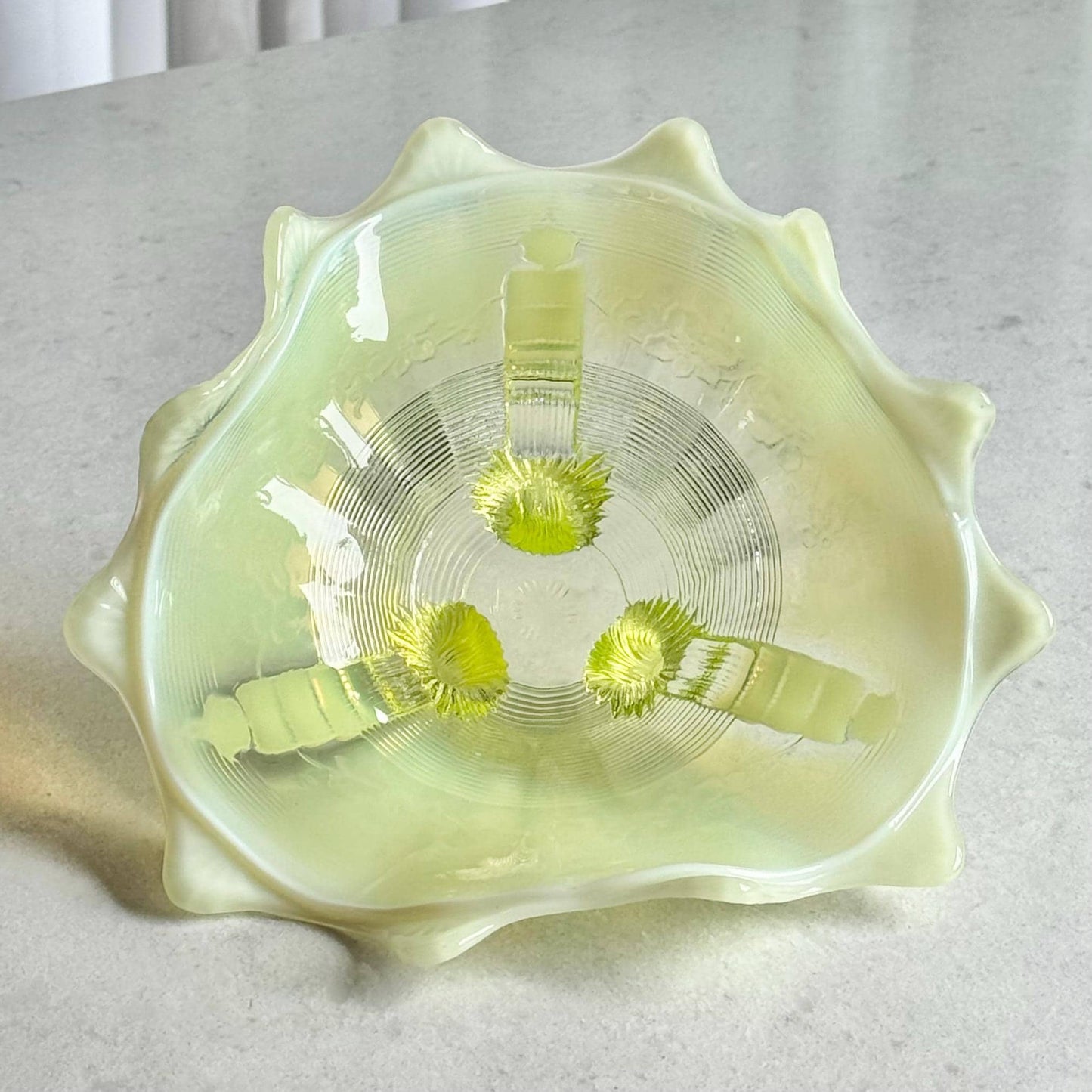 Vintage Northwood Vaseline Glass Klondyke Fluted Scroll Opalescent Bowl (circa late 1890s / early 1900s)