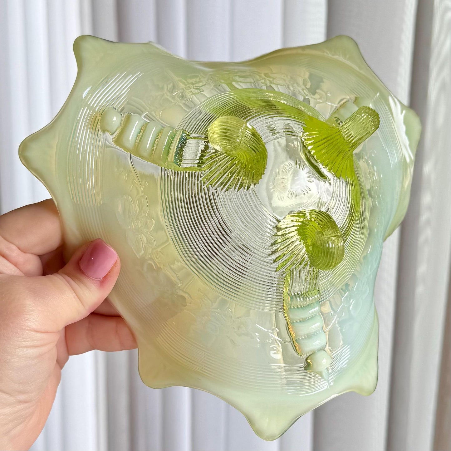 Vintage Northwood Vaseline Glass Klondyke Fluted Scroll Opalescent Bowl (circa late 1890s / early 1900s)