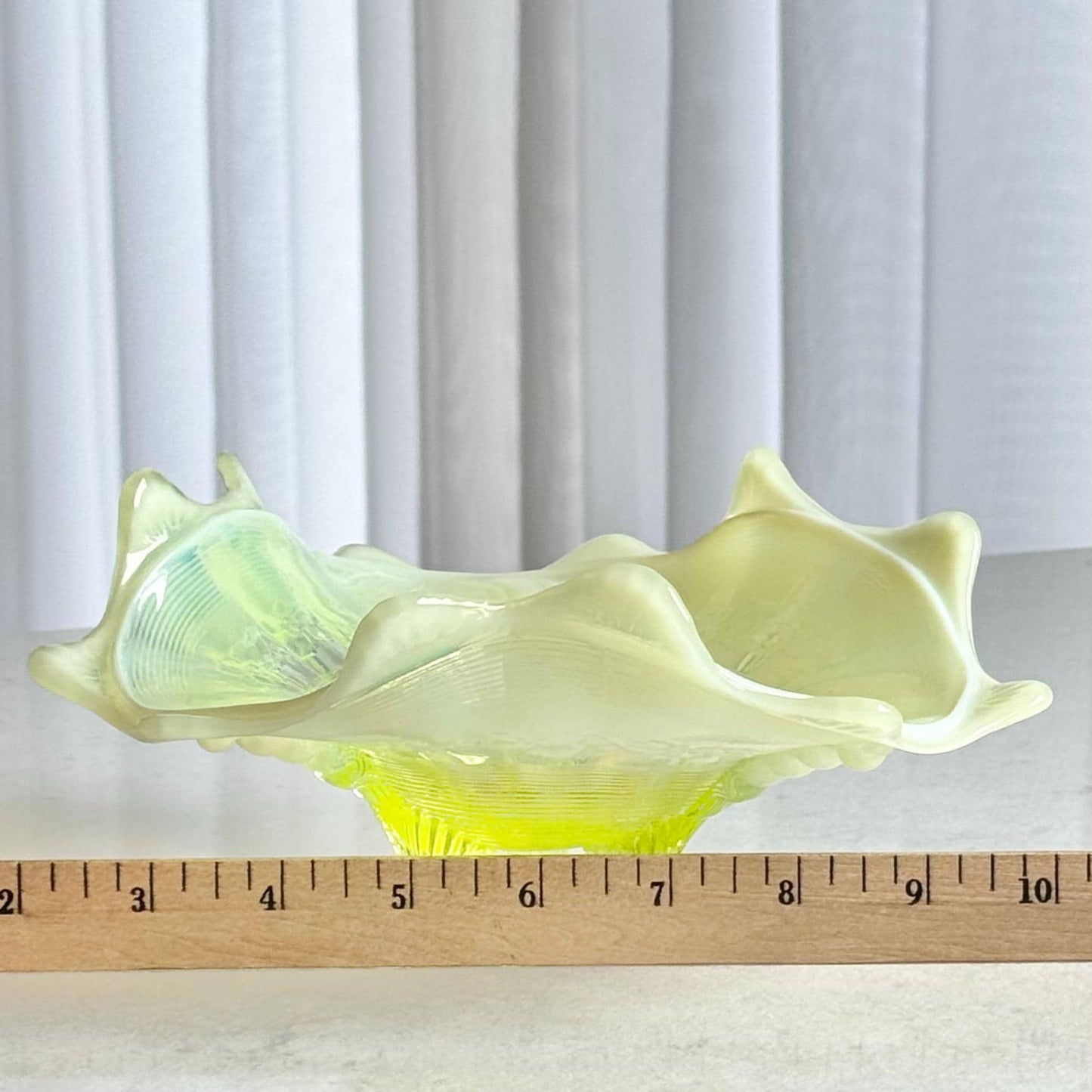 Vintage Northwood Vaseline Glass Klondyke Fluted Scroll Opalescent Bowl (circa late 1890s / early 1900s)