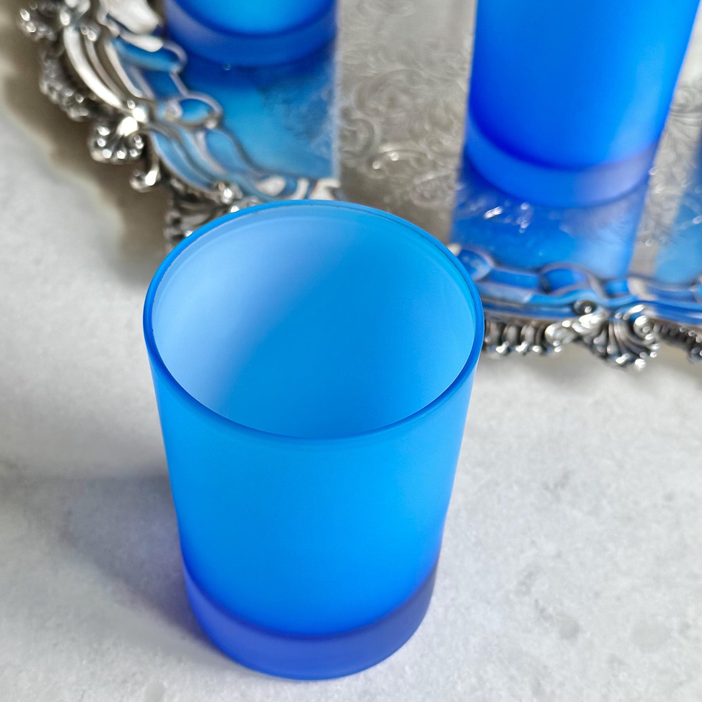 Vintage Satin Frosted Blue Glasses - Set of 5 Tumblers