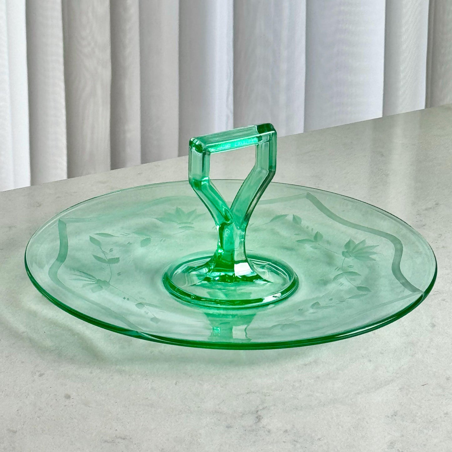 Vintage Green Uranium Glass Etched Tidbit Tray with Handle
