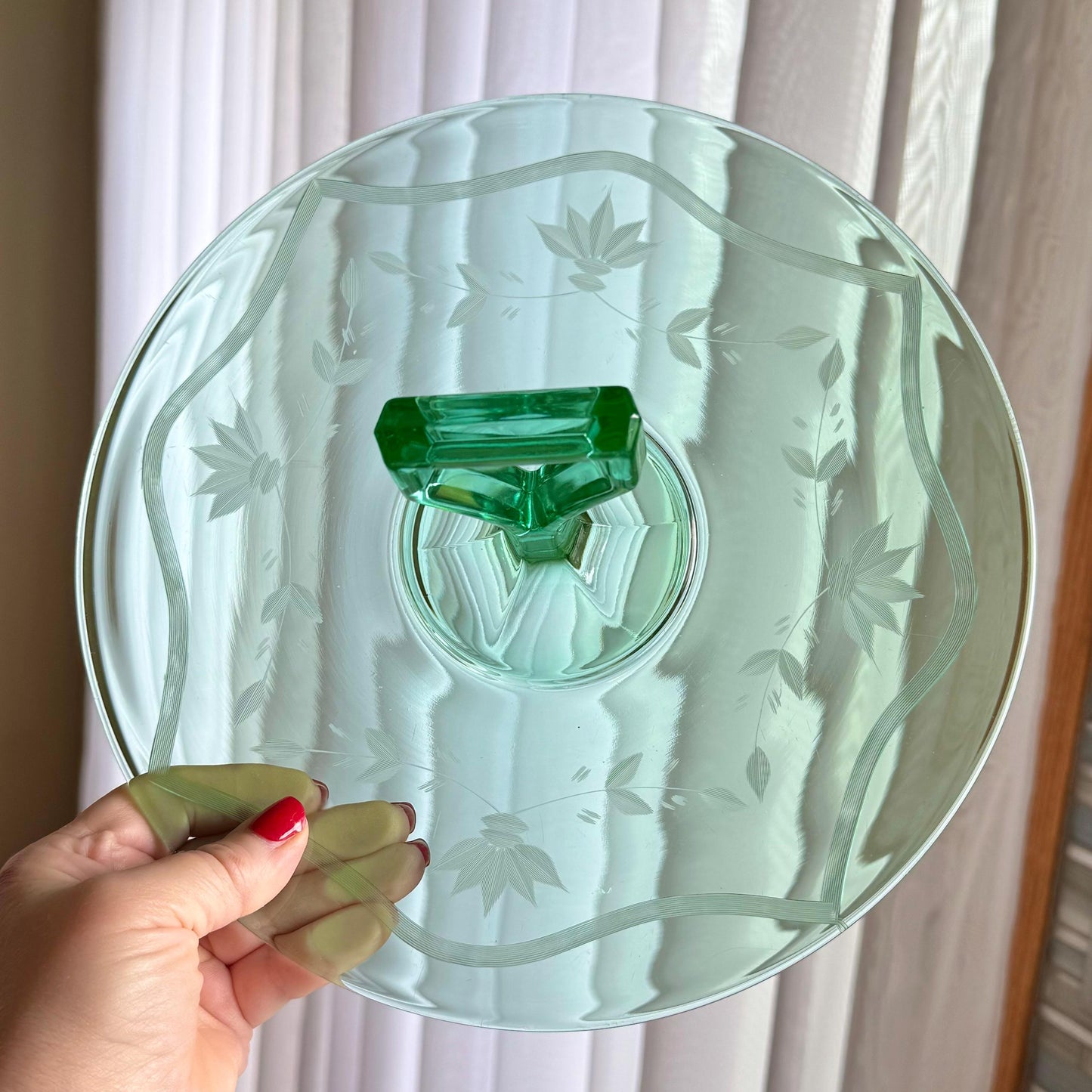 Vintage Green Uranium Glass Etched Tidbit Tray with Handle