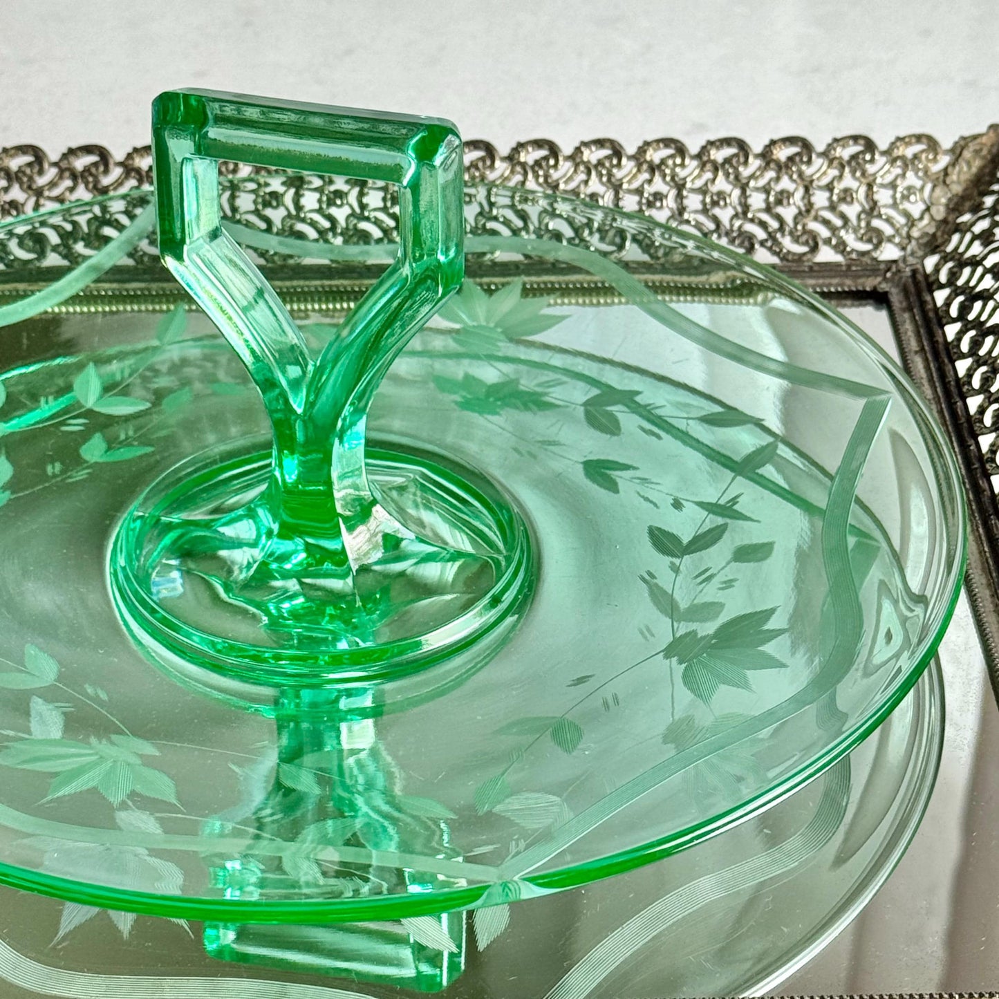 Vintage Green Uranium Glass Etched Tidbit Tray with Handle