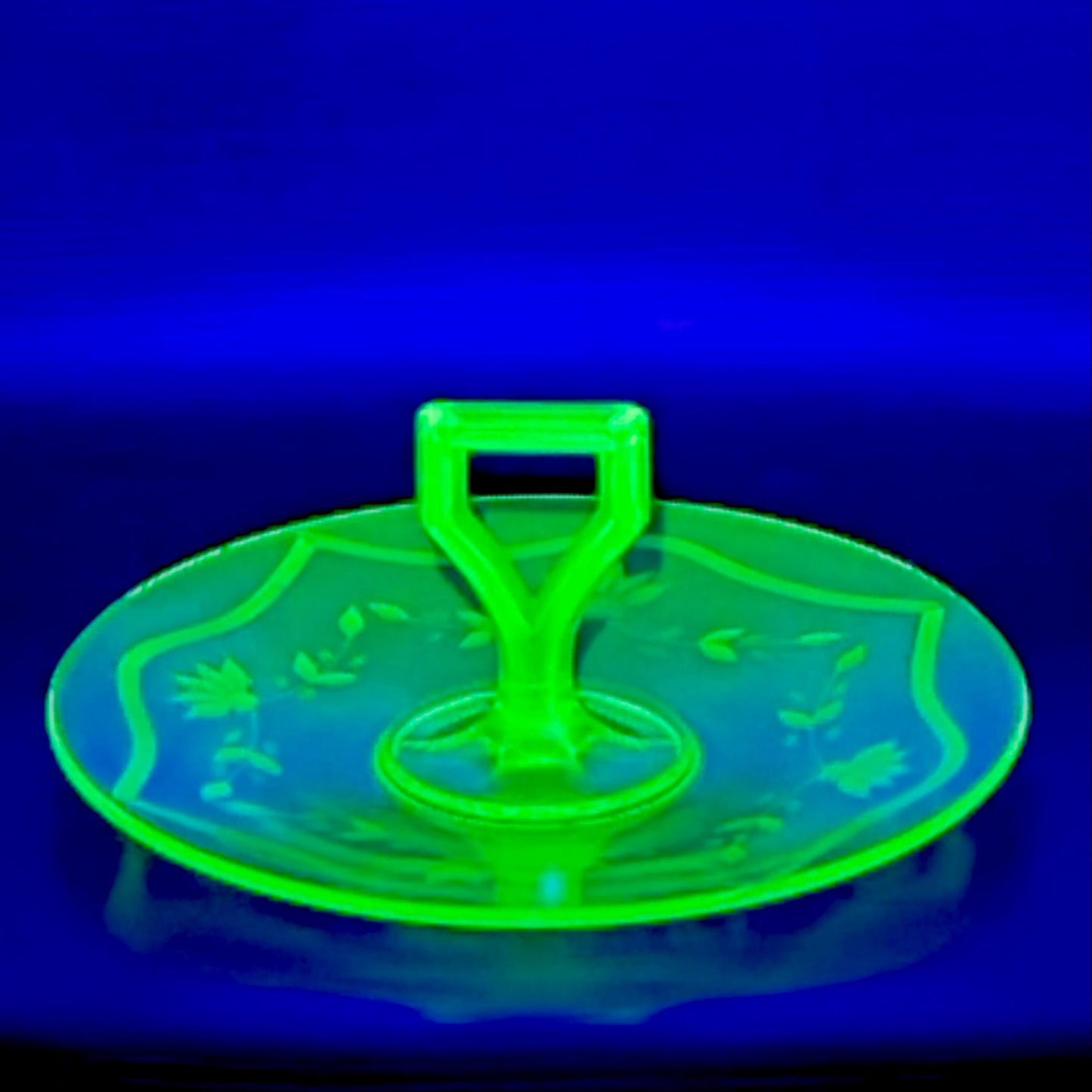 Vintage Green Uranium Glass Etched Tidbit Tray with Handle