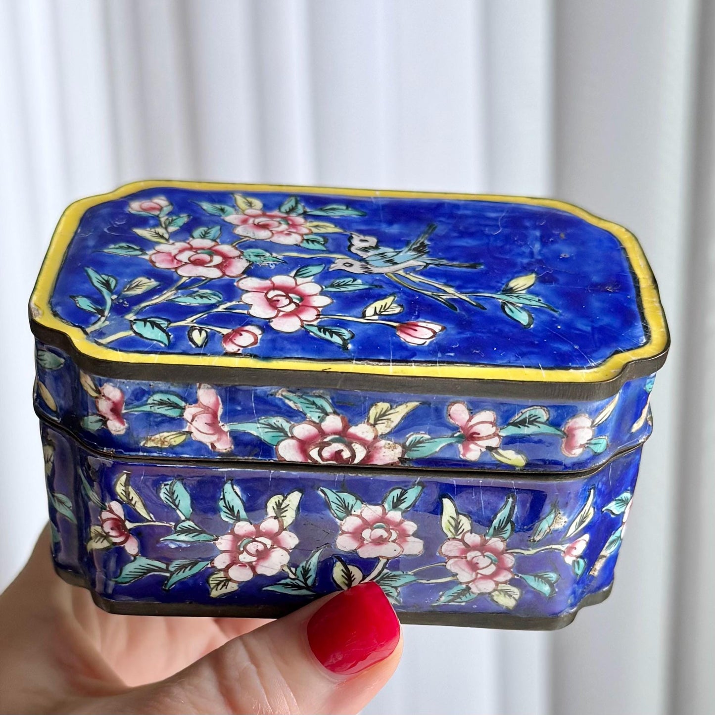Vintage Chinese Canton Enamel Box with Lid Depicting Birds and Flowers