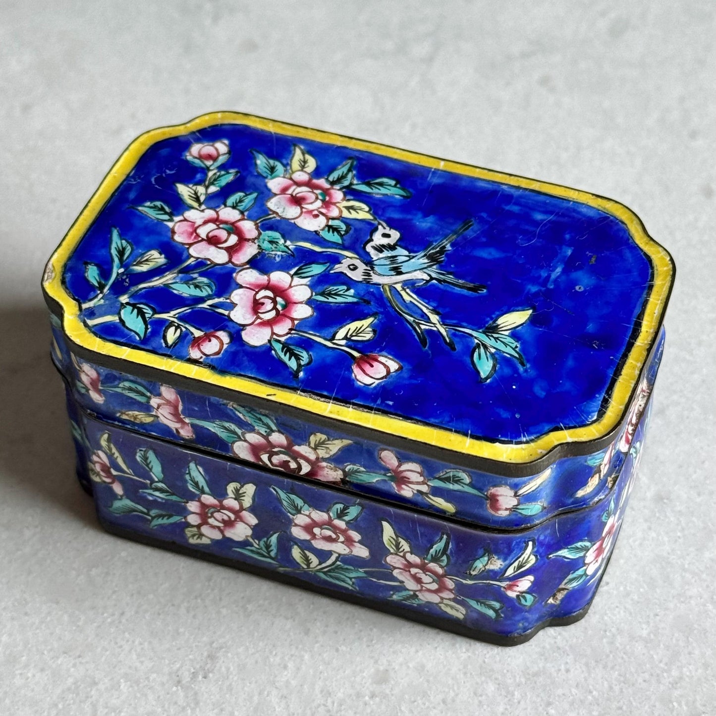 Vintage Chinese Canton Enamel Box with Lid Depicting Birds and Flowers