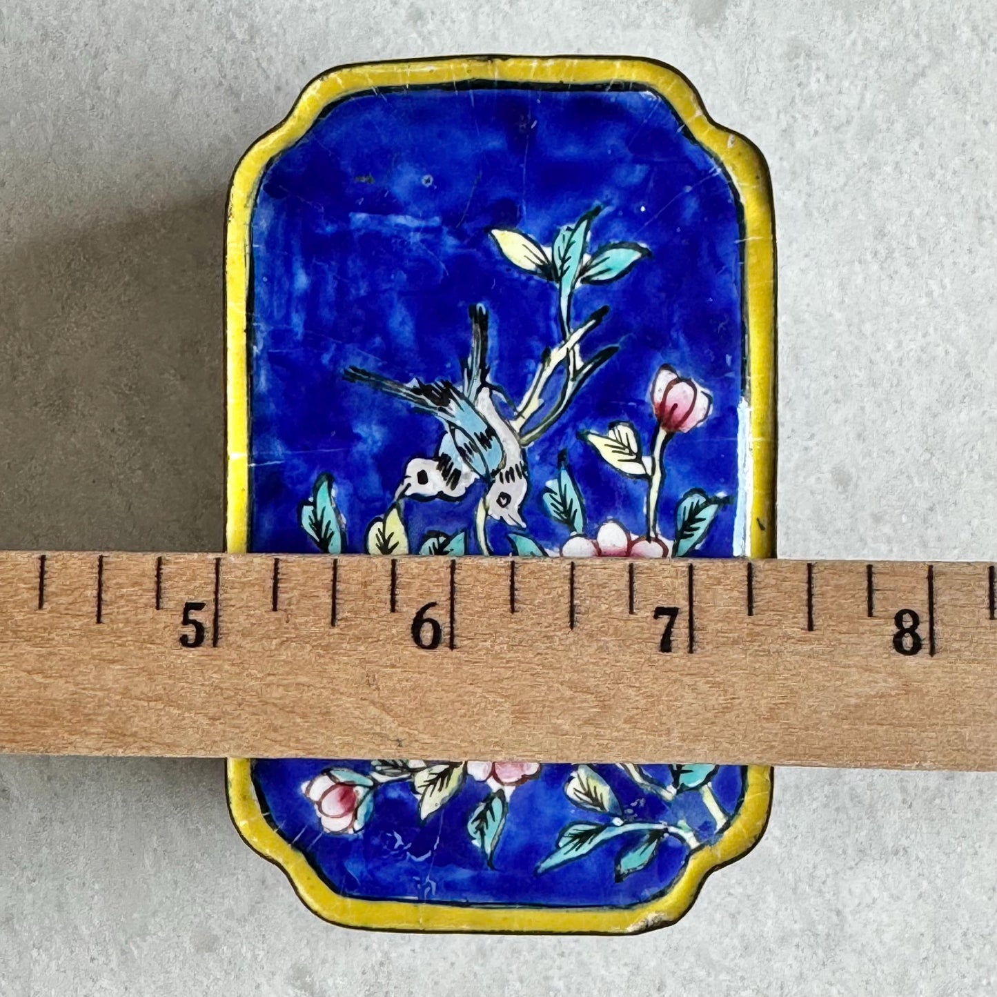 Vintage Chinese Canton Enamel Box with Lid Depicting Birds and Flowers