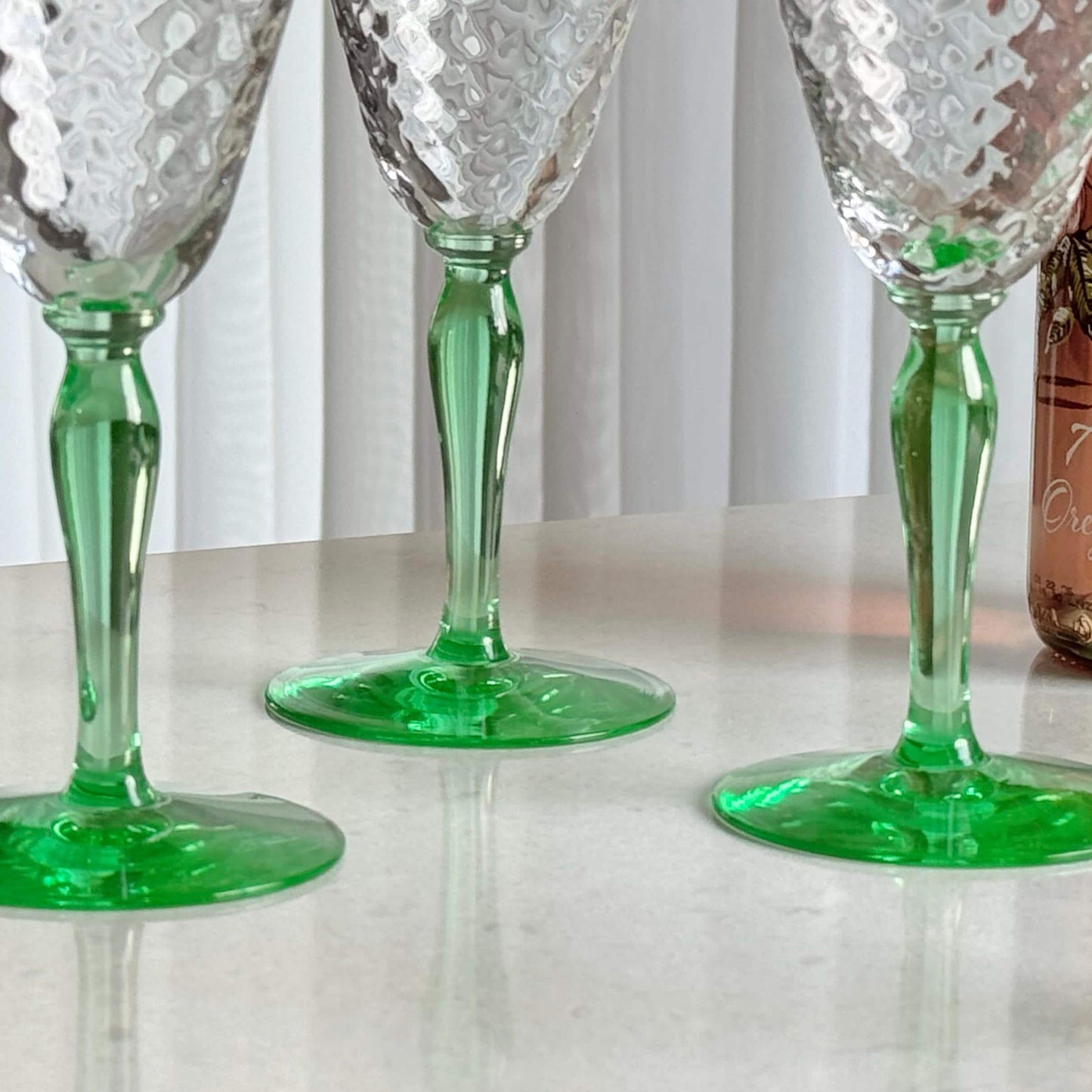 Vintage Uranium Glass Green Stem Optic Pattern Glasses - Set of 8