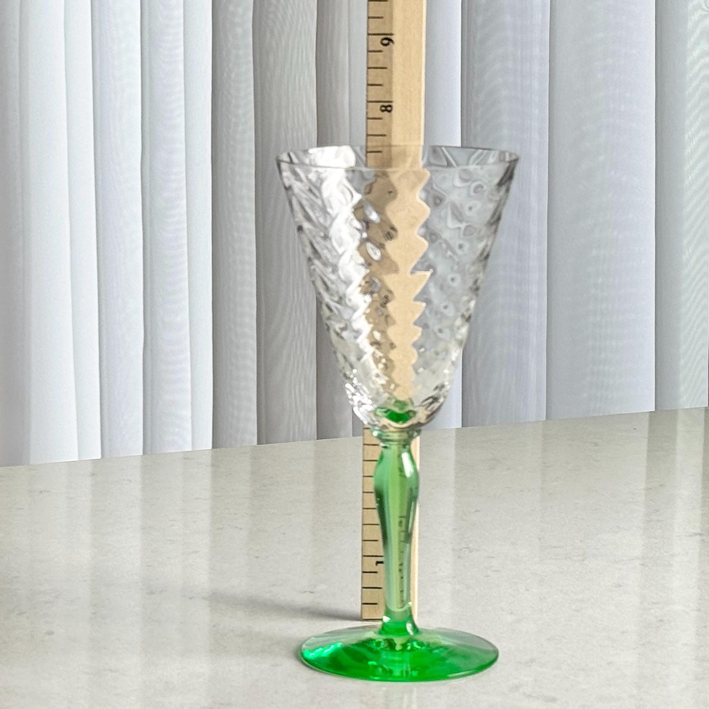 Vintage Uranium Glass Green Stem Optic Pattern Glasses - Set of 8