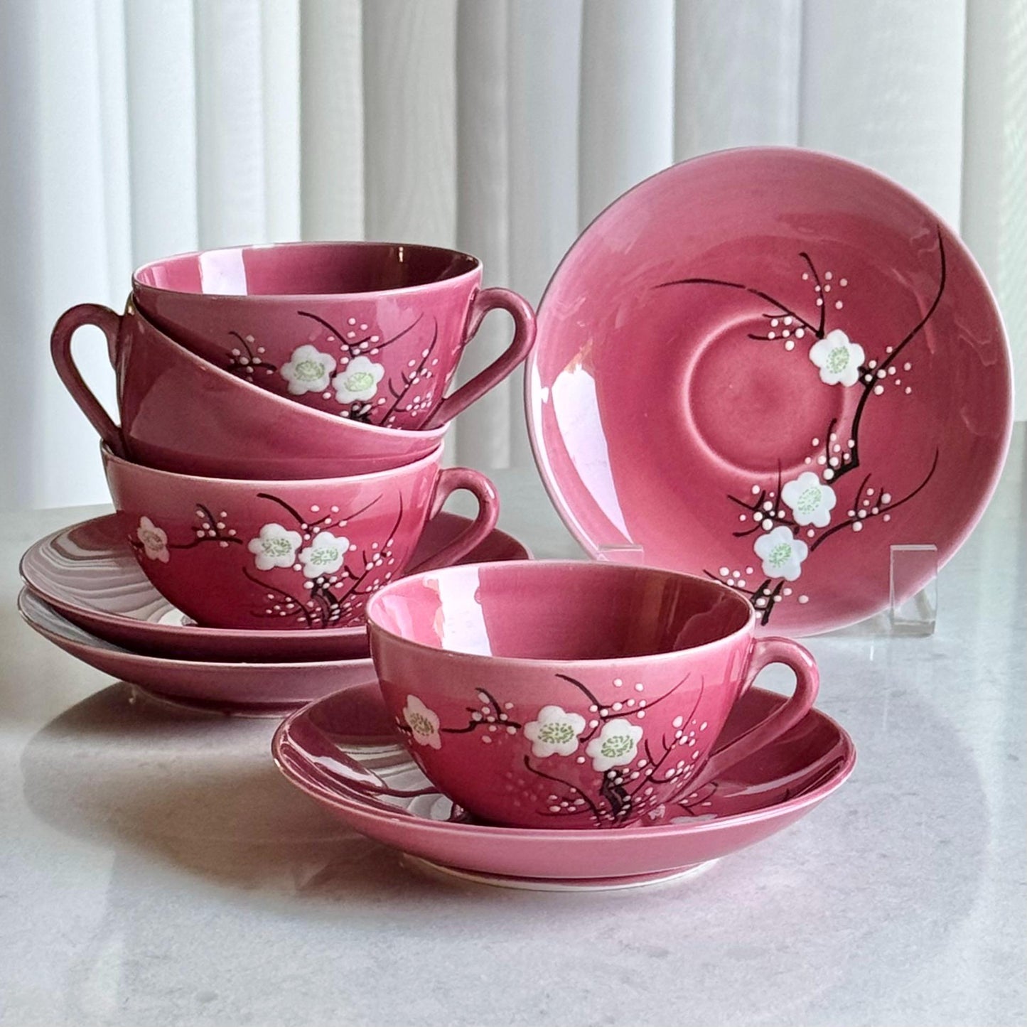 Antique Japanese Hand Painted Plum Blossom Tea Set (circa late 1800s / early 1900s) - Service for Four
