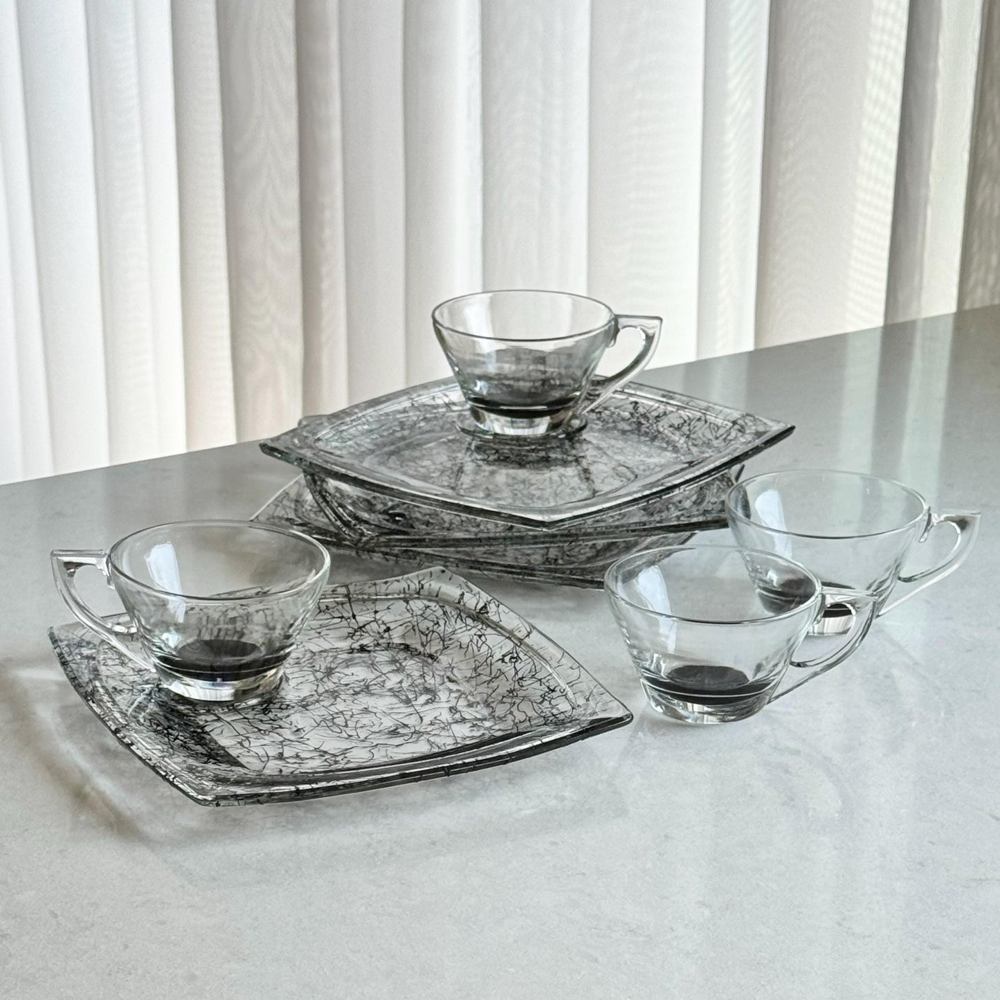 Vintage Hazel Atlas Vanity Black Drizzle Snack Sets - Service for 4 (8 pieces total)
