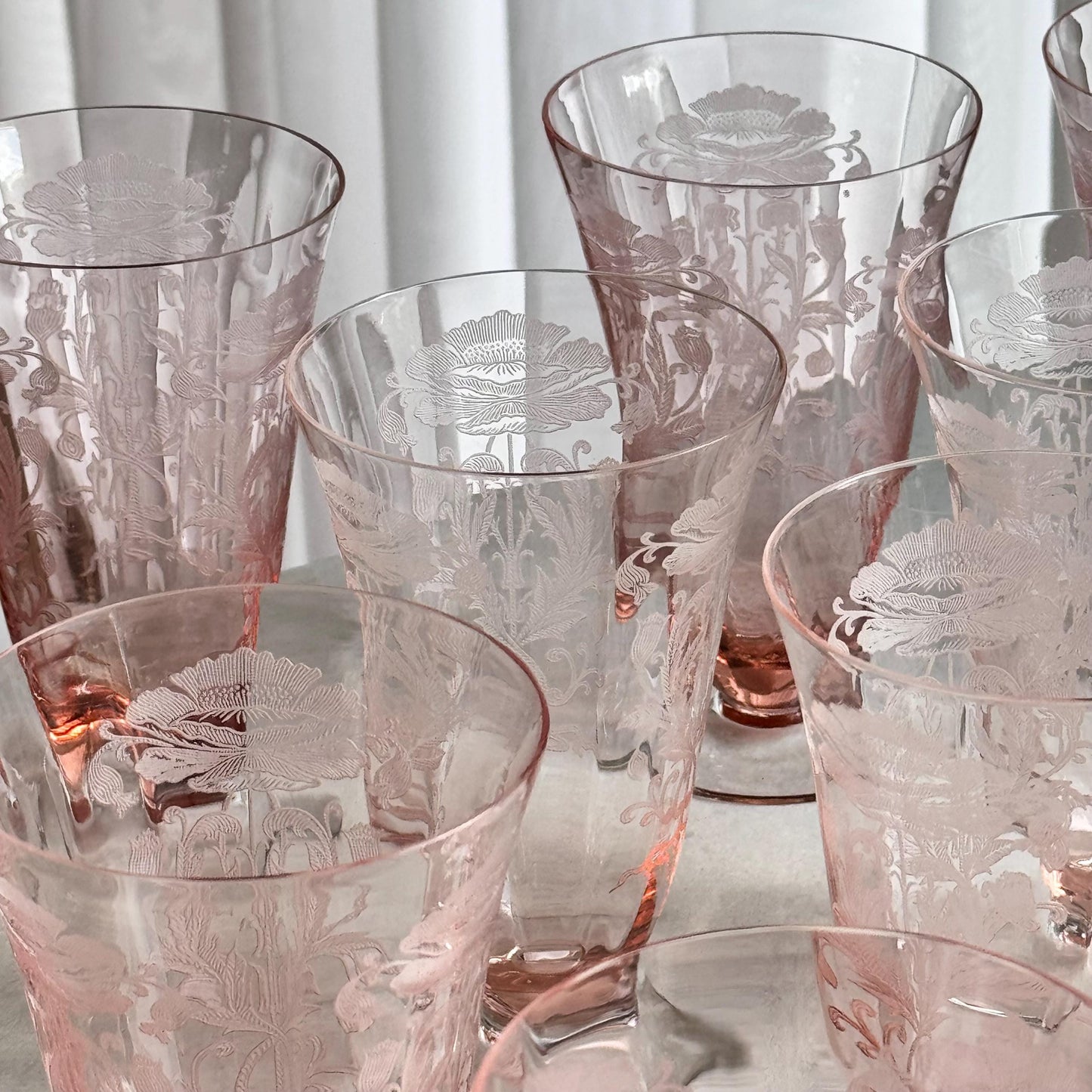 Tiffin-Franciscan Flanders Pink Footed Ice Tea Tumblers (circa 1927 - 1935) - Set of 10