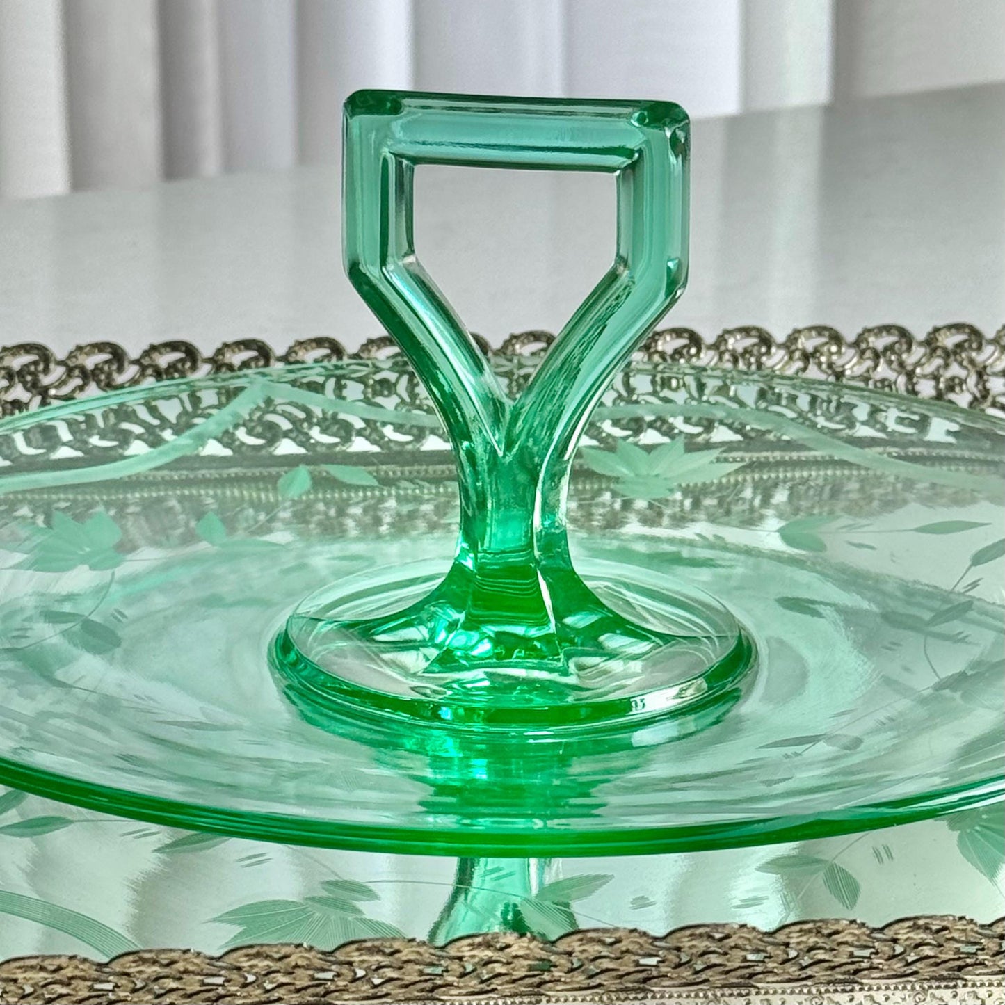 Vintage Green Uranium Glass Etched Tidbit Tray with Handle