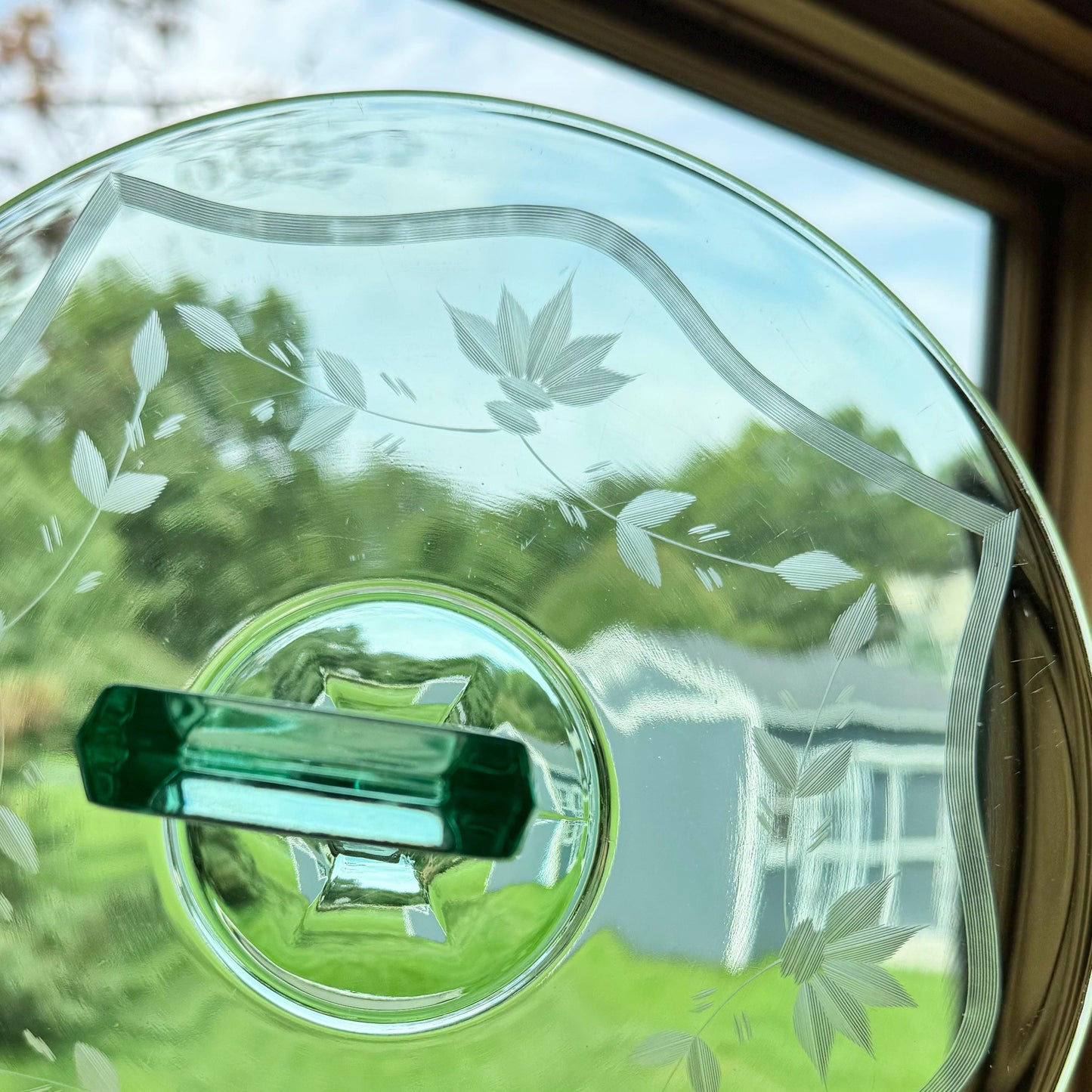 Vintage Green Uranium Glass Etched Tidbit Tray with Handle