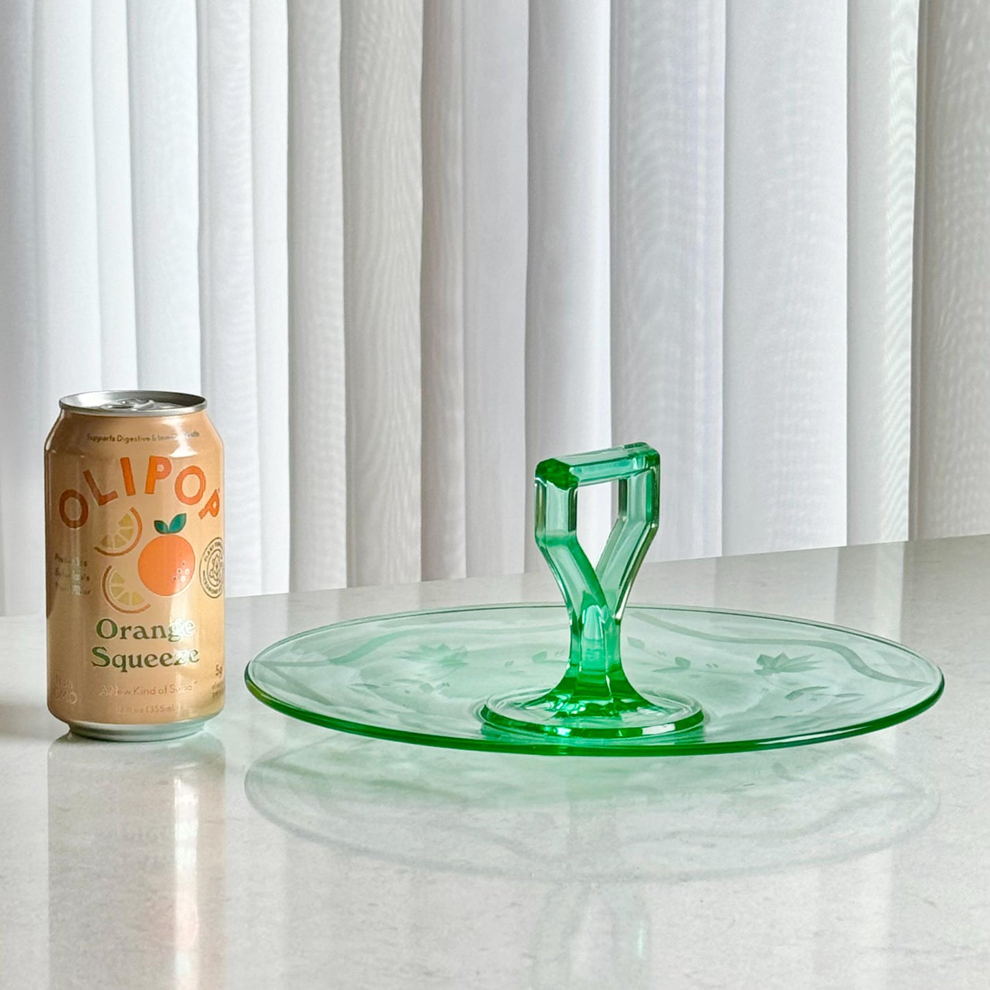 Vintage Green Uranium Glass Etched Tidbit Tray with Handle