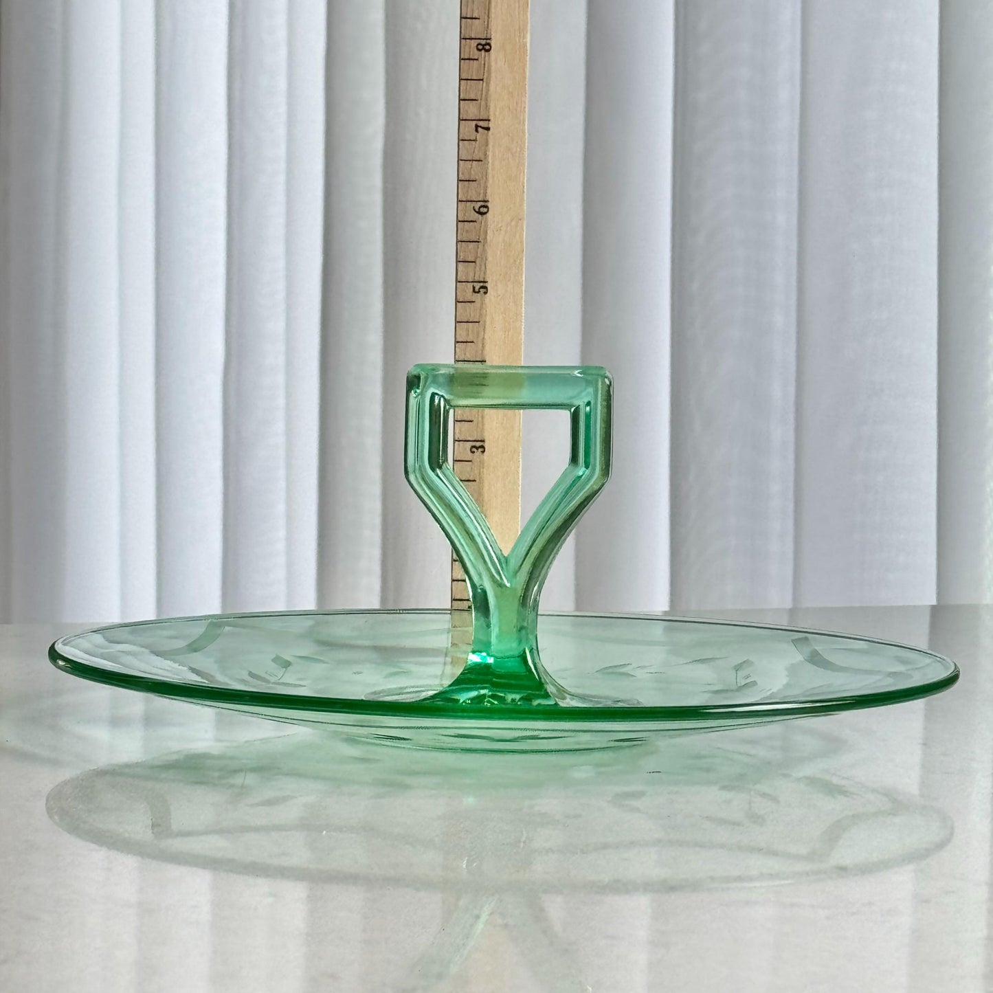 Vintage Green Uranium Glass Etched Tidbit Tray with Handle