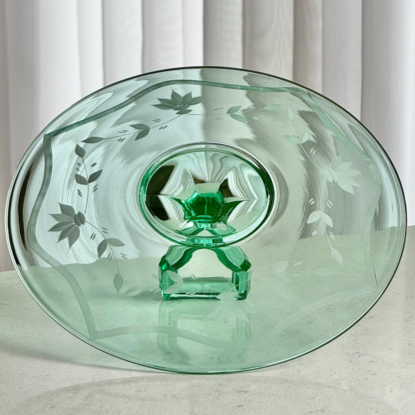 Vintage Green Uranium Glass Etched Tidbit Tray with Handle
