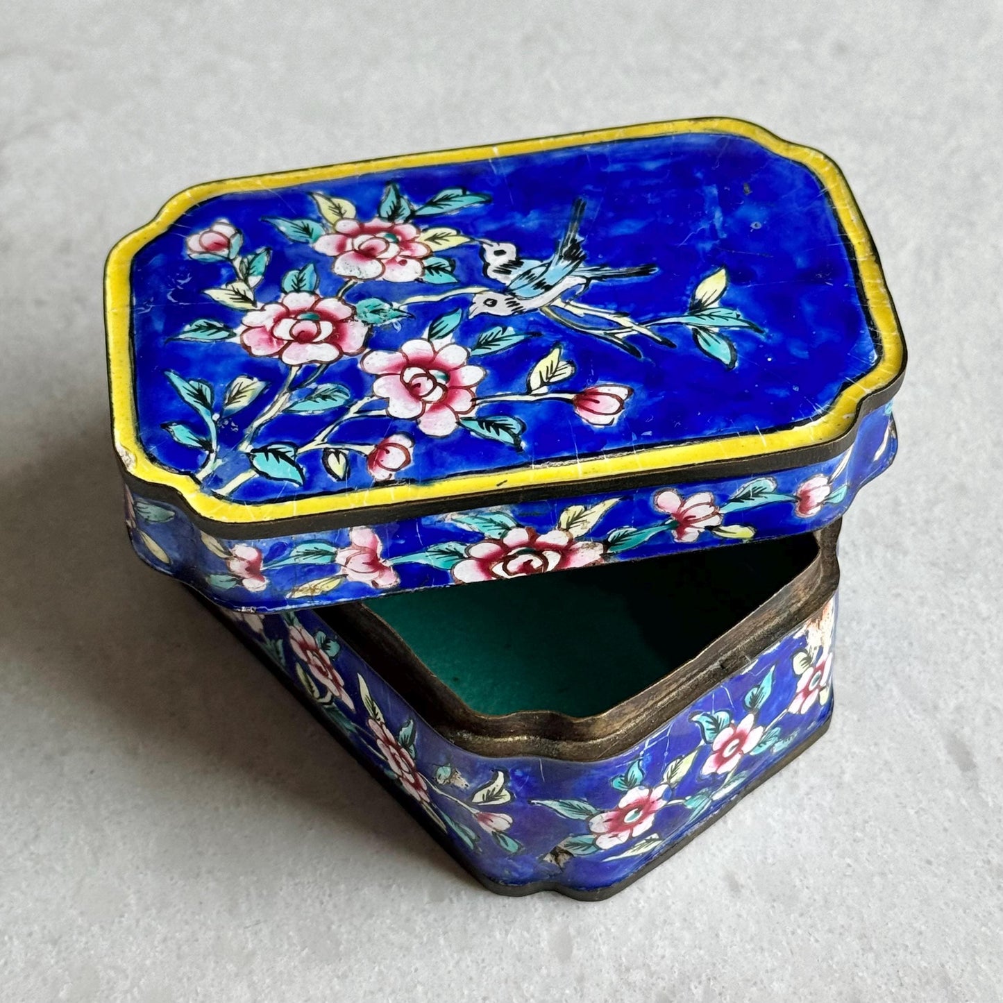 Vintage Chinese Canton Enamel Box with Lid Depicting Birds and Flowers