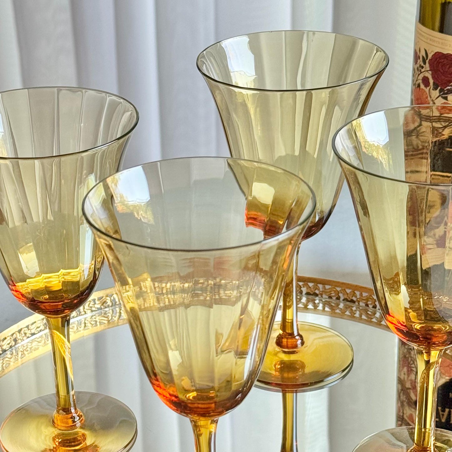 Vintage Cambridge Glass Amber Optic Panel Glasses - Set of 4