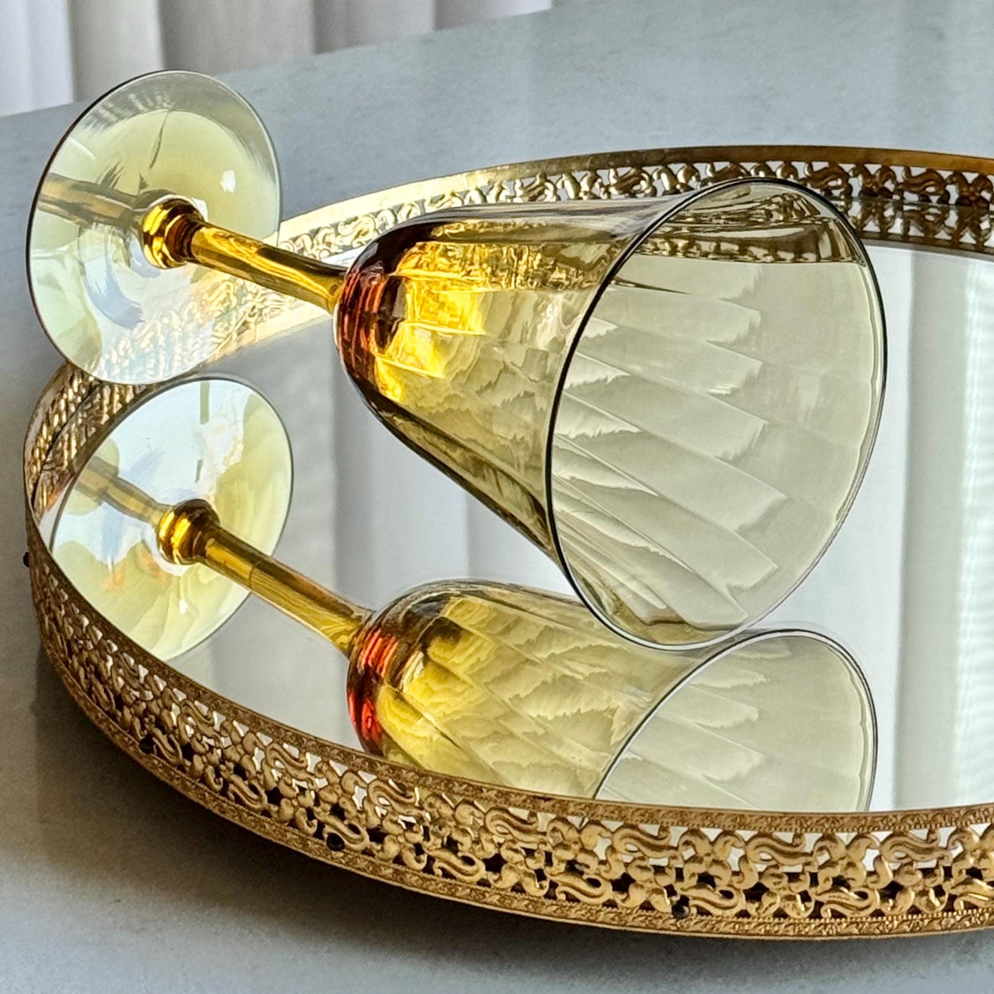 Vintage Cambridge Glass Amber Optic Panel Glasses - Set of 4