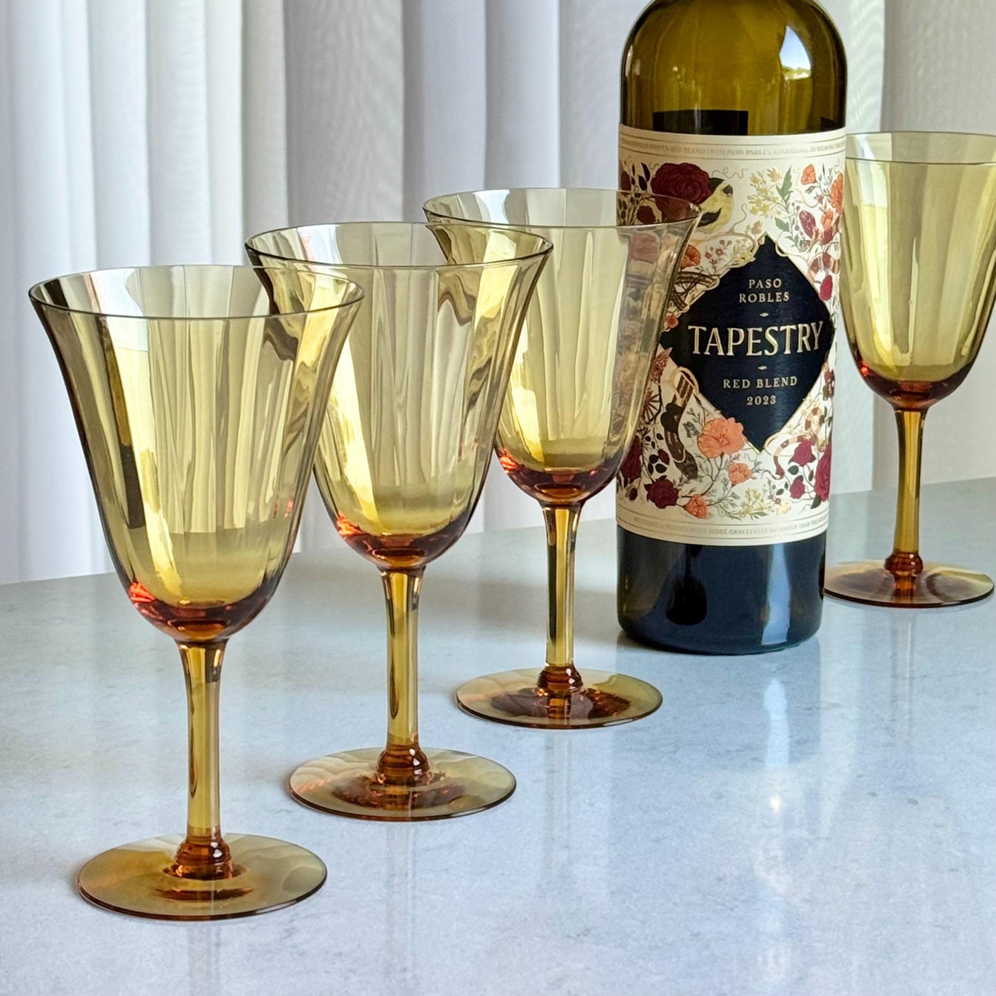 Vintage Cambridge Glass Amber Optic Panel Glasses - Set of 4