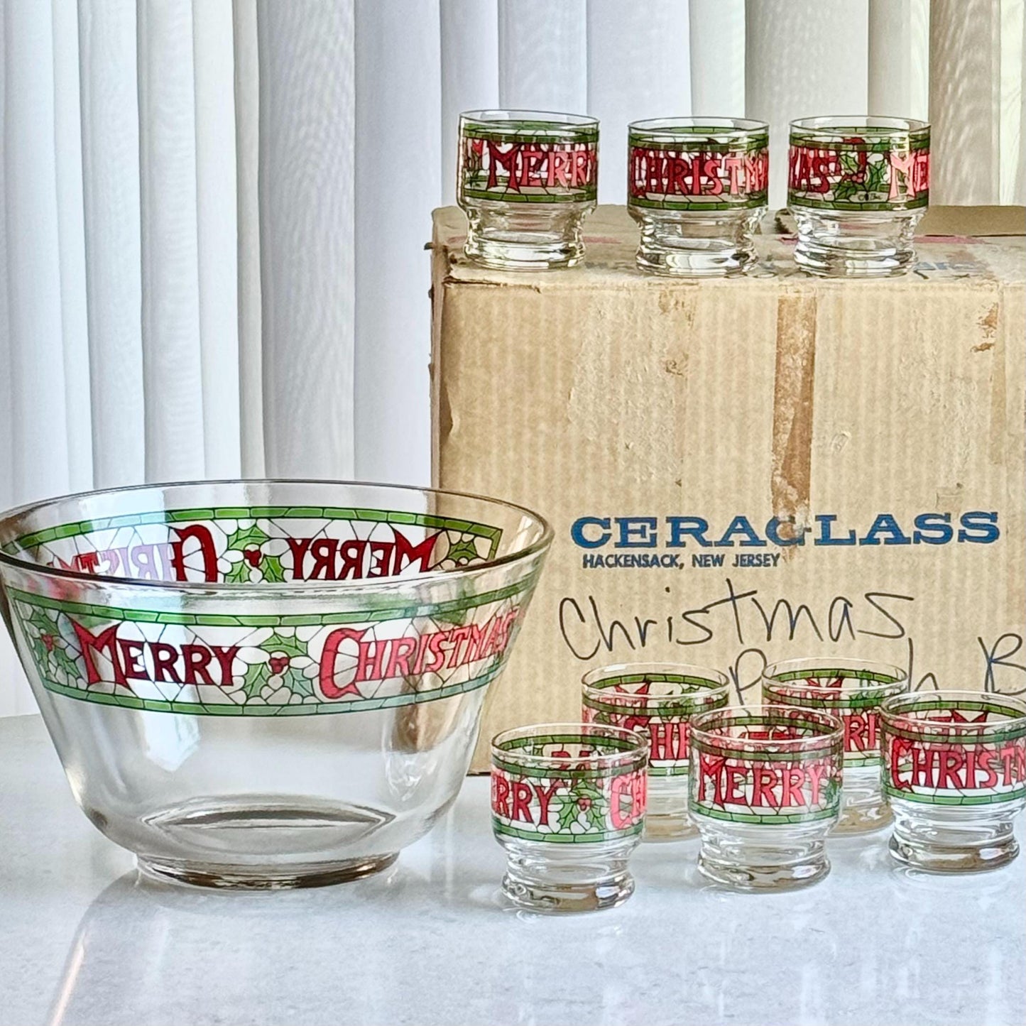 Vintage Cera Glass Merry Christmas Punch Bowl and 8 Glasses - 9 Pieces Total