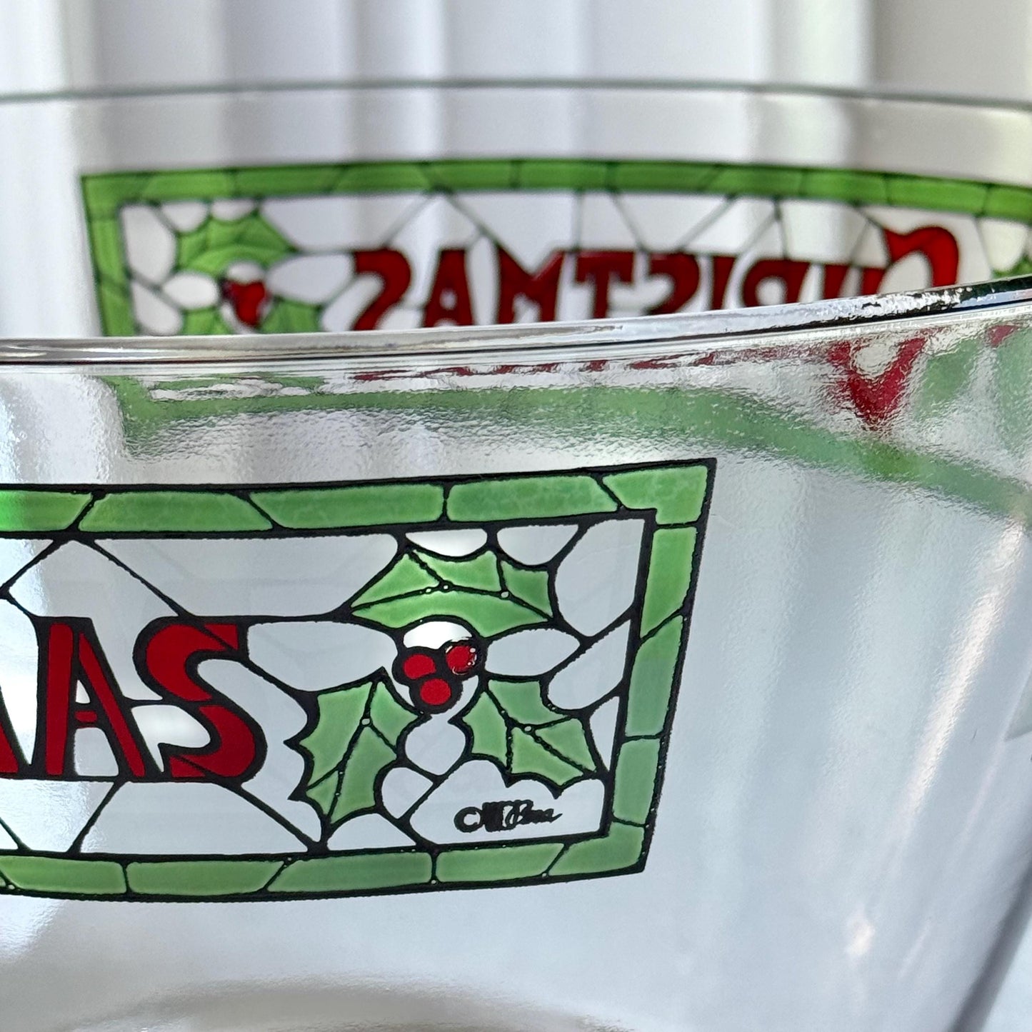 Vintage Cera Glass Merry Christmas Punch Bowl and 8 Glasses - 9 Pieces Total