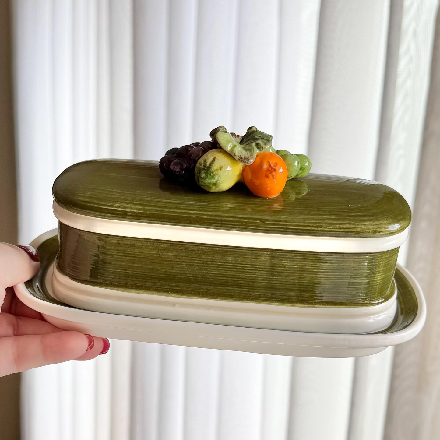 Vintage Napoleon Capodimonte Hand Painted Garden Harvest Butter Dish with Lid