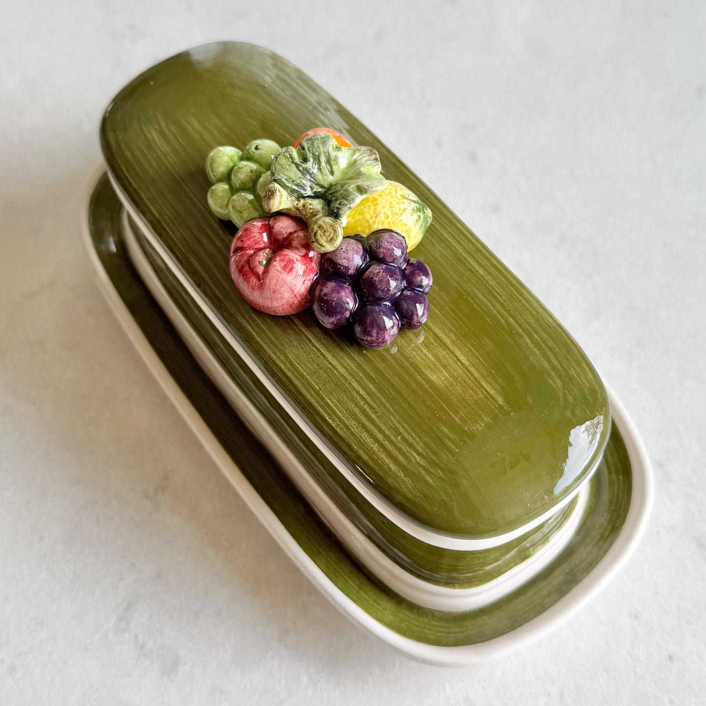 Vintage Napoleon Capodimonte Hand Painted Garden Harvest Butter Dish with Lid