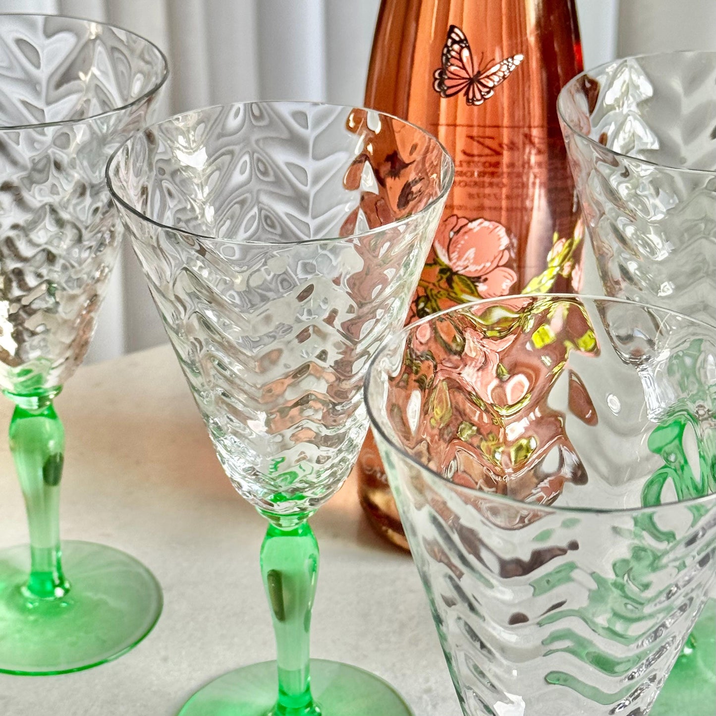 Vintage Uranium Glass Green Stem Optic Pattern Glasses - Set of 8