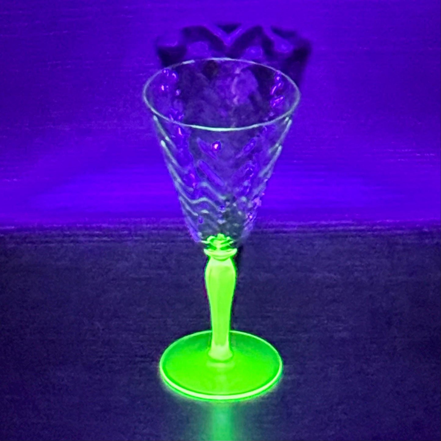 Vintage Uranium Glass Green Stem Optic Pattern Glasses - Set of 8